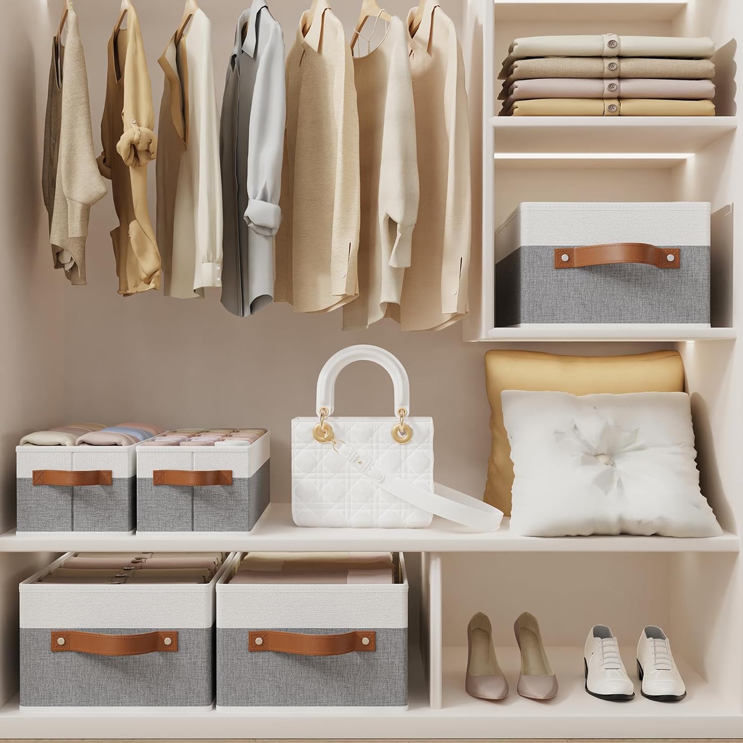 OUTBROS Storage Bins, Foldable Storage Baskets for Organizing,Fabric Storage Boxes With Handles,For bedrooms, living rooms, Shelves,Gray/White,16.1x6.5x9.8in,6-Pack