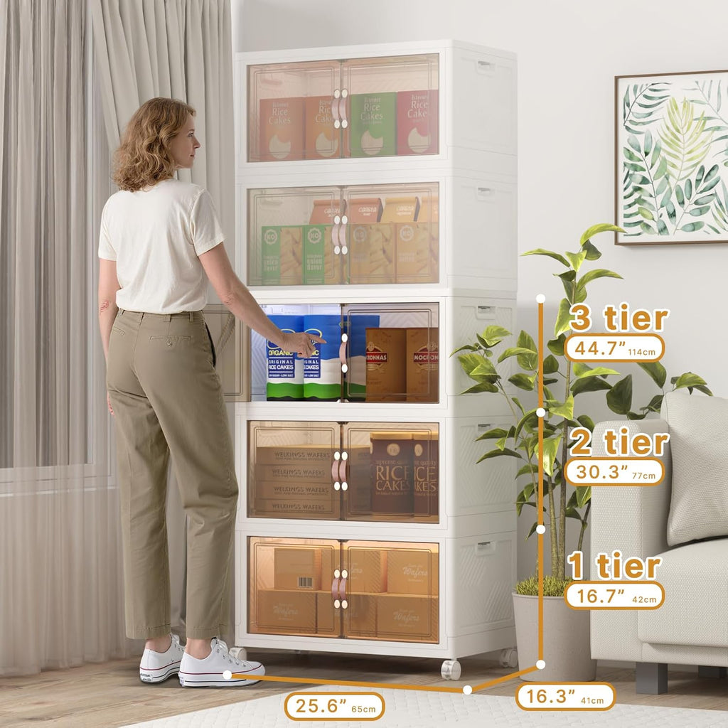 Extra Large Stackable Storage Bins with Lids & Wheels, Foldable Collapsible Closet Organizers Storage Cabinet with Doors for Bedroom Dorm (White, 360QT-120QT/30GAL*3Pack)