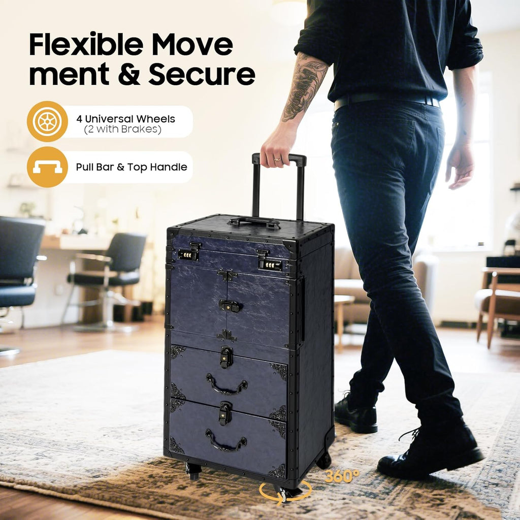 Cosmetic Train Case,Makeup Organizer Travel Case with Multiple Compartments,Rolling Makeup Case,Professional Makeup Casewith Wheels for Make-up Artists