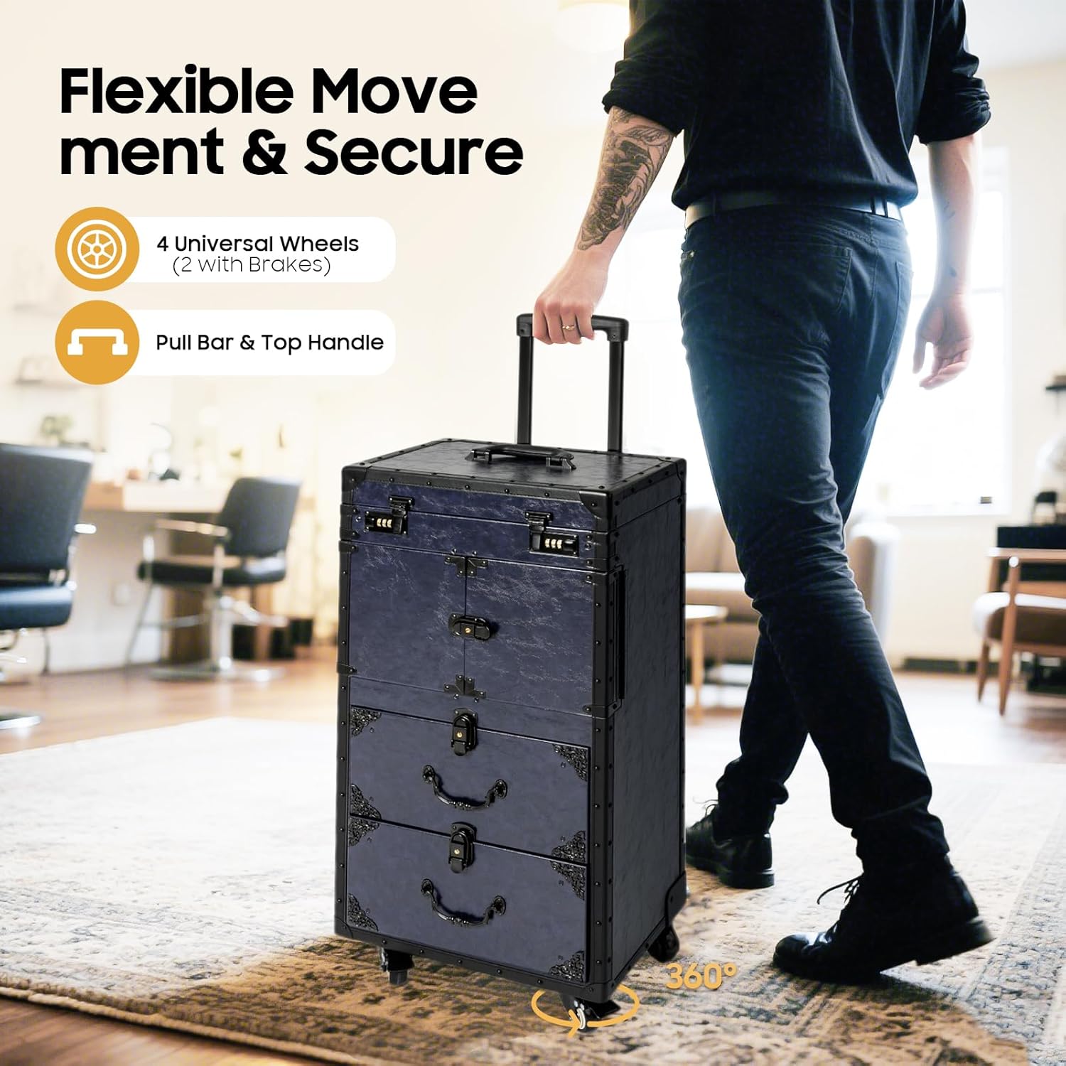 Cosmetic Train Case,Makeup Organizer Travel Case with Multiple Compartments,Rolling Makeup Case,Professional Makeup Casewith Wheels for Make-up Artists