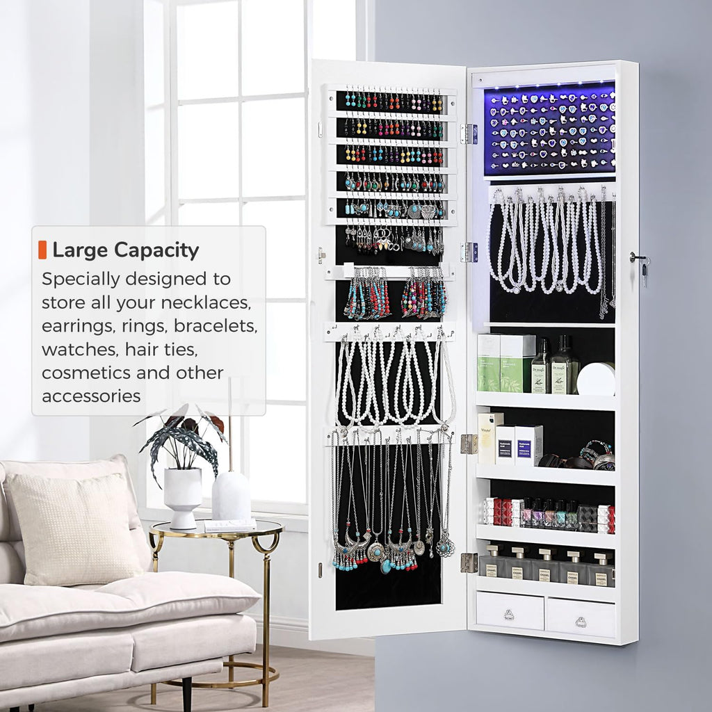 GISSAR Full Length Mirror Jewelry Cabinet, 6 LEDs Jewelry Armoire Wall Mounted Over The Door Hanging, Jewelry Organizer Storage with Lights Lockable, Bright White, 14.6" x 47.2"