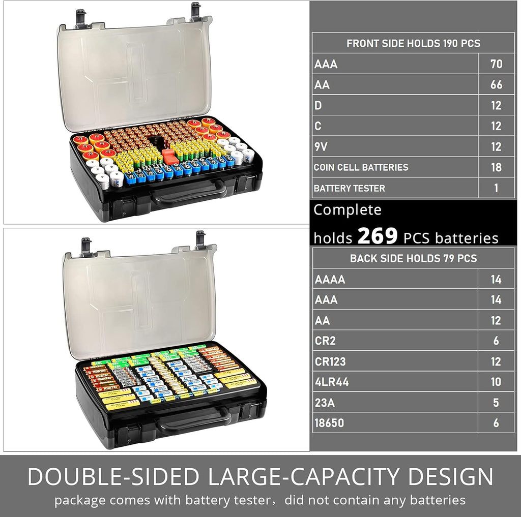Battery Organizer Storage Holder Box Case with Tester- 269 Batteries Double-Sided Variety Pack, Holds AA AAA 4A C D Cell 9V 3V Lithium LR44 CR2 CR123 CR1632 18650 Button- Grey