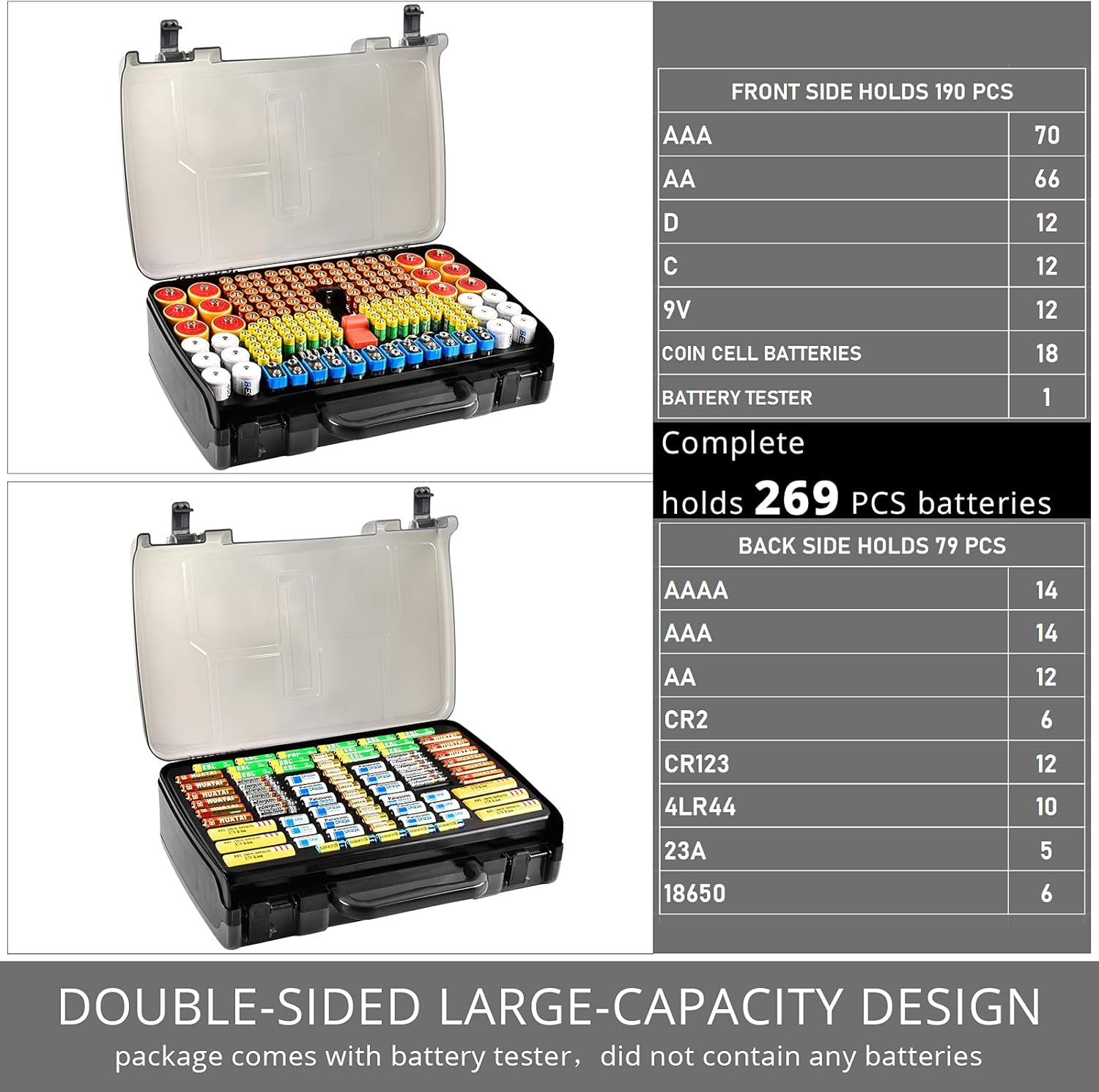 Battery Organizer Storage Holder Box Case with Tester- 269 Batteries Double-Sided Variety Pack, Holds AA AAA 4A C D Cell 9V 3V Lithium LR44 CR2 CR123 CR1632 18650 Button- Grey