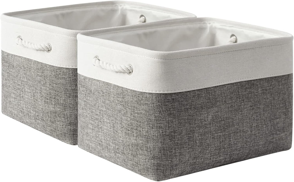 Storage Basket for Shelves - 17X15X12 inch 2 Pack Fabric Cube Storage Bin Collapsible Baskets for Organizing with Rope, Storage Box for Cloth Decorative (White & Grey)