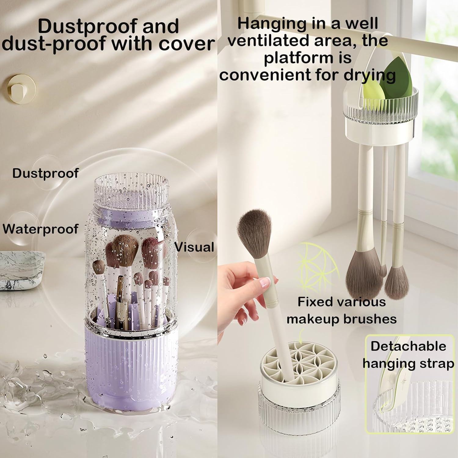 360 Rotating Makeup Brush Holder Organizer, Purple Plastic Cosmetic Organizer with Cleaning & Drying Function, Makeup Brush Holder for Vanity, Desktop, Bathroom