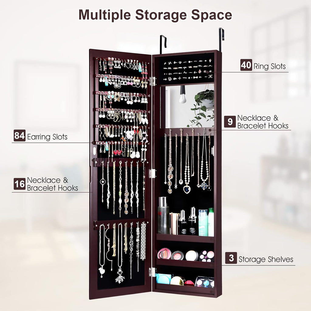 COSTWAY Full Length Mirror Jewelry Cabinet, Wall Door Mounted Jewelry Organizer with Makeup Mirror, Ring Slots and Necklace Hooks, Large Storage Jewelry Armoire for Bedroom, Dressing Room (Brown)