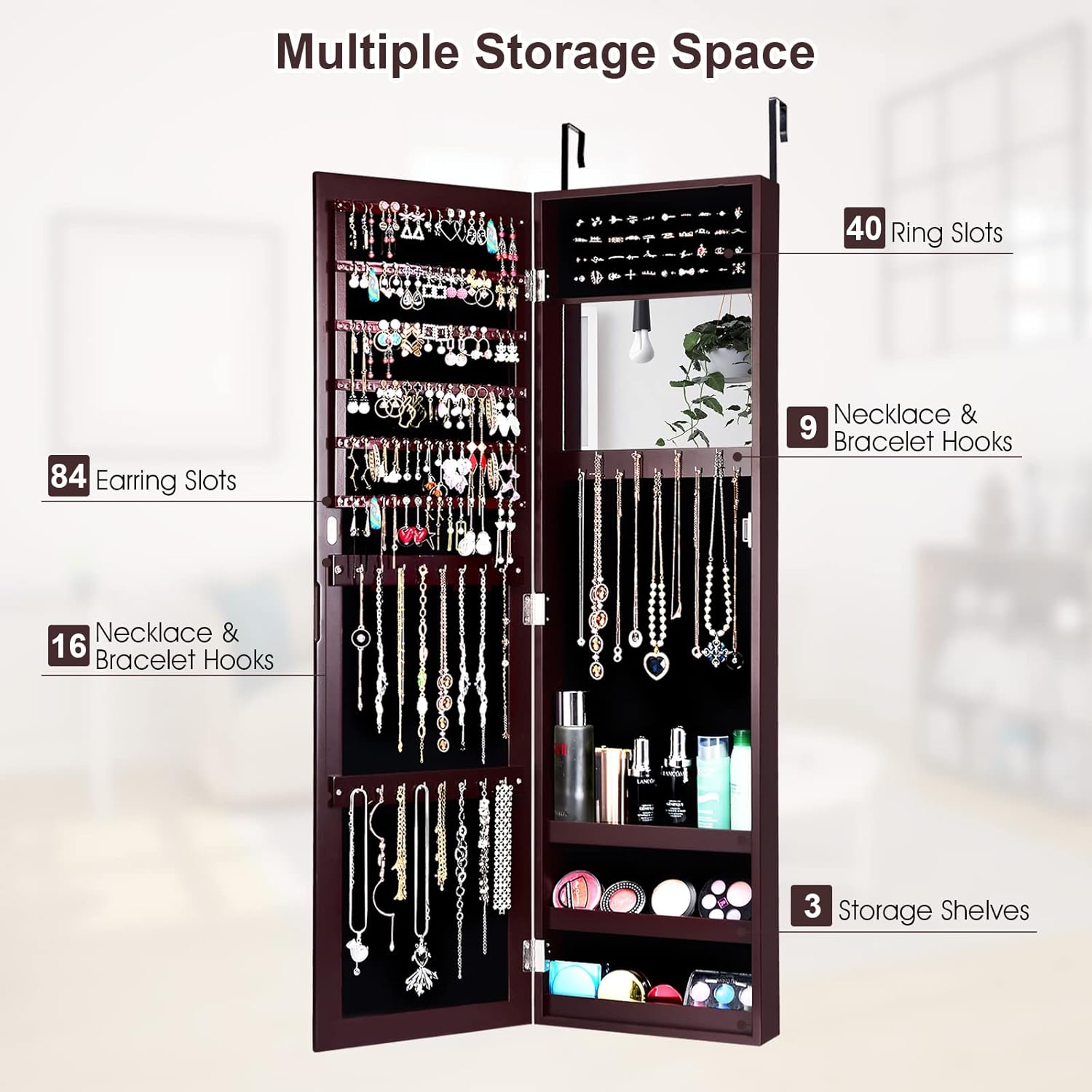 COSTWAY Full Length Mirror Jewelry Cabinet, Wall Door Mounted Jewelry Organizer with Makeup Mirror, Ring Slots and Necklace Hooks, Large Storage Jewelry Armoire for Bedroom, Dressing Room (Brown)