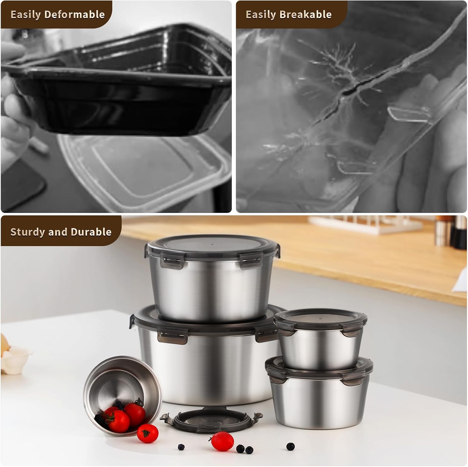 316L Stainless Steel Food Storage Containers with Lids, 20oz 34oz 71oz Airtight Metal Meal Prep Containers,Bento Lunch Box for Kitchen, Picnic & Camping（600 ml / 1000 ml / 2100 ml）