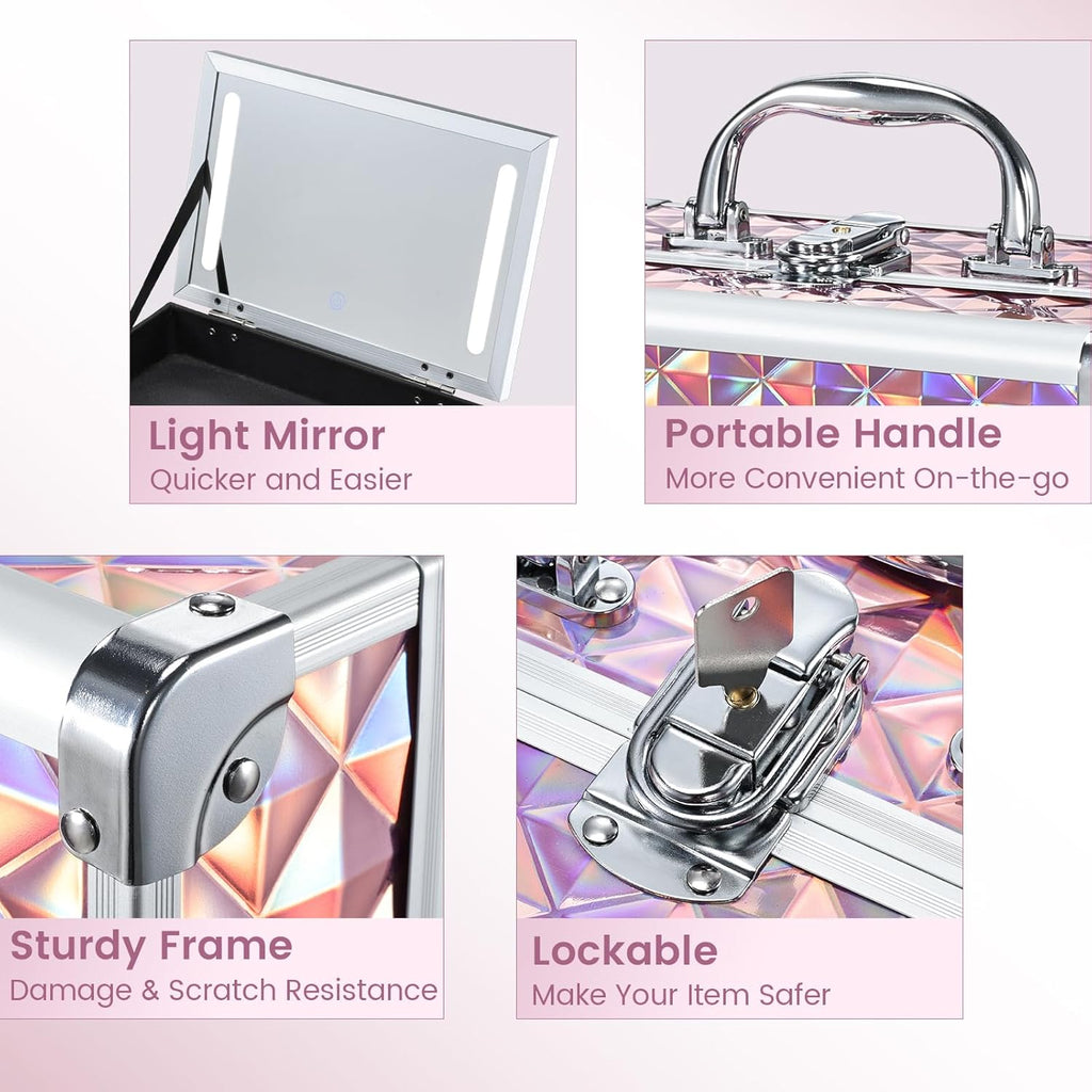 Makeup Case with Lighted Mirror Travel Makeup Organizer Box 2 Trays Lockable Cosmetic Train Case with LED Mirror for Make Up Nail Kits Sewing Vanity Storage Case Glossy Pink