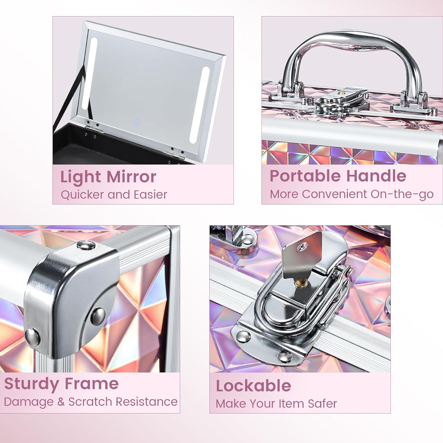 Makeup Case with Lighted Mirror Travel Makeup Organizer Box 2 Trays Lockable Cosmetic Train Case with LED Mirror for Make Up Nail Kits Sewing Vanity Storage Case Glossy Pink