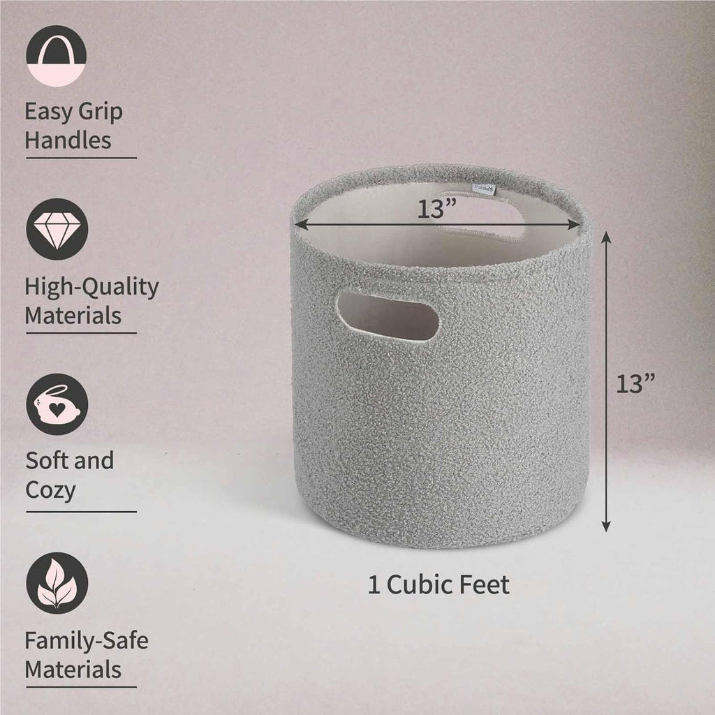 PUTSKA Basket – Round Storage for Toys and Clothes, Stuffed Animals – Soft Baby Girl Basket for Nursery, Kids Room, Bedroom, Living Room – Regular, Grey