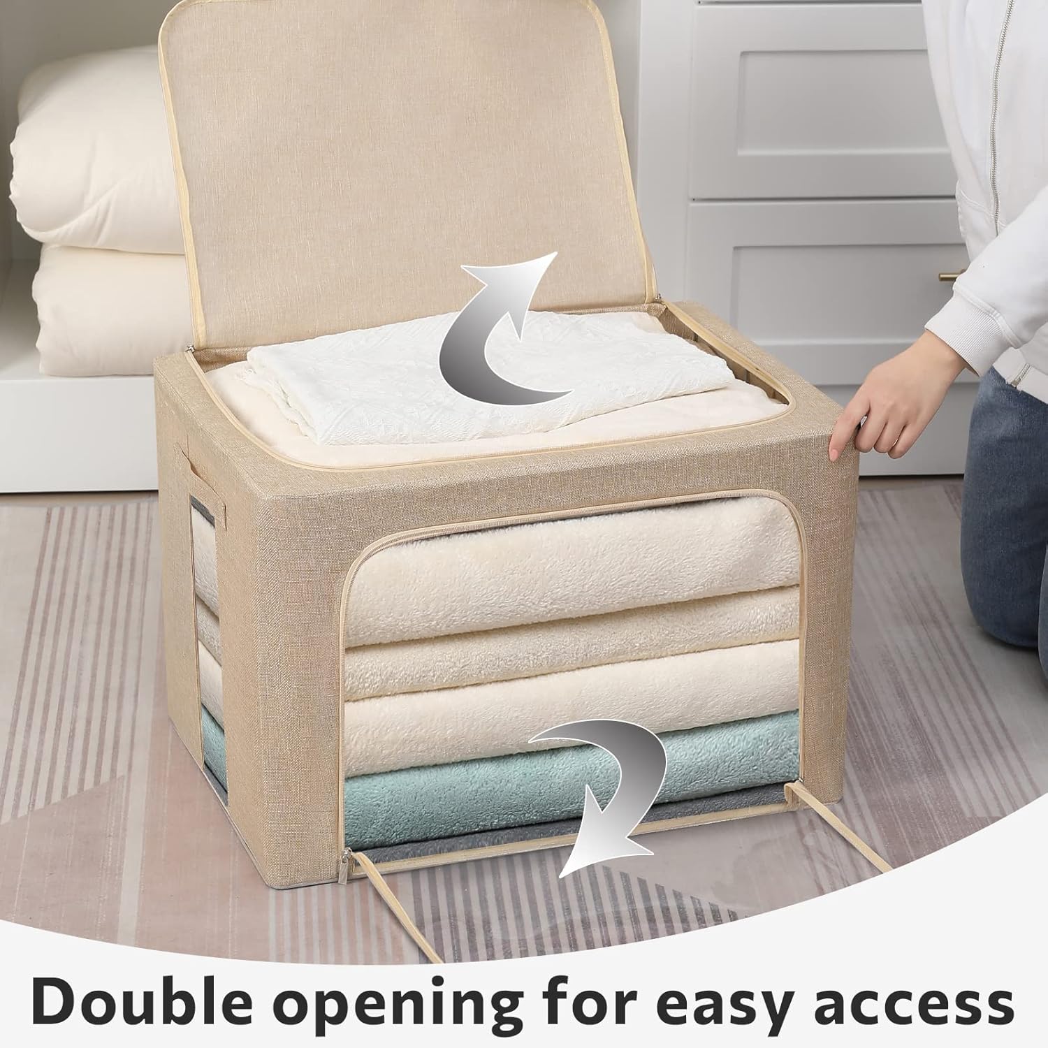 FHSQX 2 Pack Clear Window Storage Bins Foldable Fabric Storage Bins Boxes for Clothes Stackable Box Organizer Set with Carrying Handles (Beige, 22L,15.7x 11.8x 7.8 Inch)