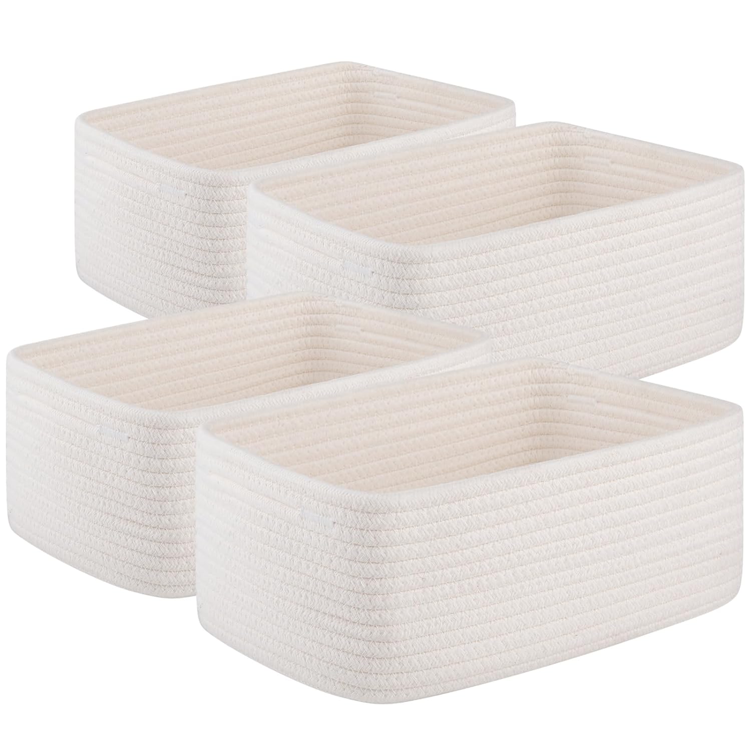 4 Pack Small Storage Shelf Baskets for Organizing, Mini Woven Rope Storage Bins for Towels, Cute Decorative Closet Organizer，Baby Nursery, Gift Empty Baskets -13''Lx8.66''Wx5.11''H-White