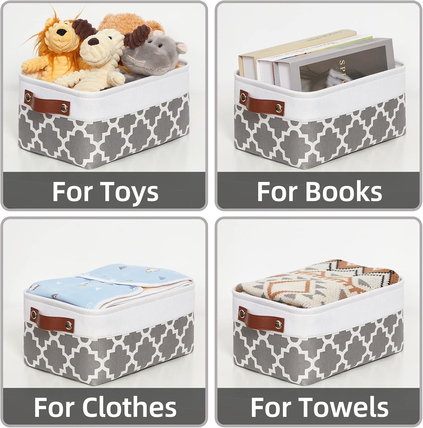 HNZIGE Small Baskets Fabric Storage Baskets(6 Pack) Storage Bins with Leather Handles Empty Gift Basket Decorative Storage Baskets for Shelves, Baby Clothes Toys(Pattern&White,11.8" x 7.8" x 5.1")