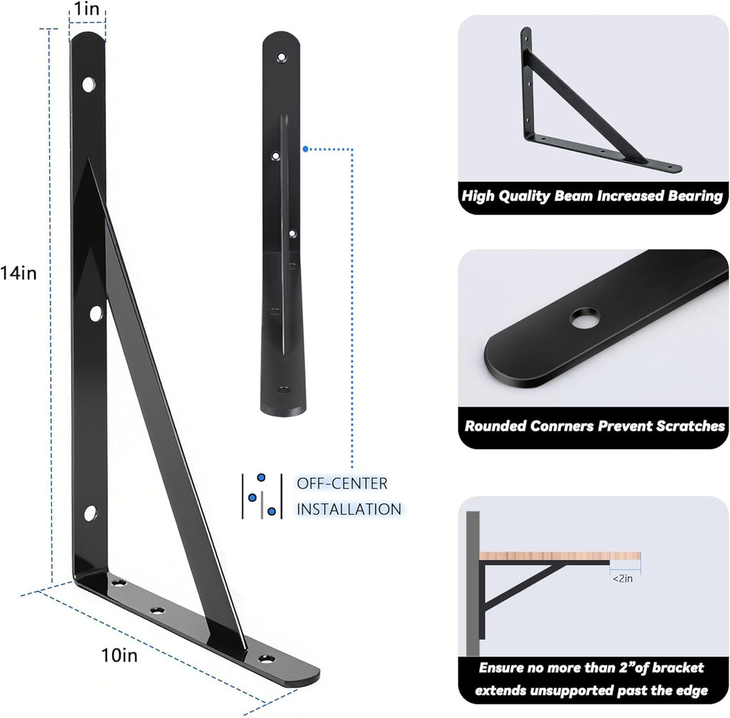 10 Pack L14 x H 10" Heavy Duty Shelf Brackets with Screws Open Floating Shelving Bracket L Brackets Black Metal Shelf Brackets for Shelves, Room, Pantry, Garage