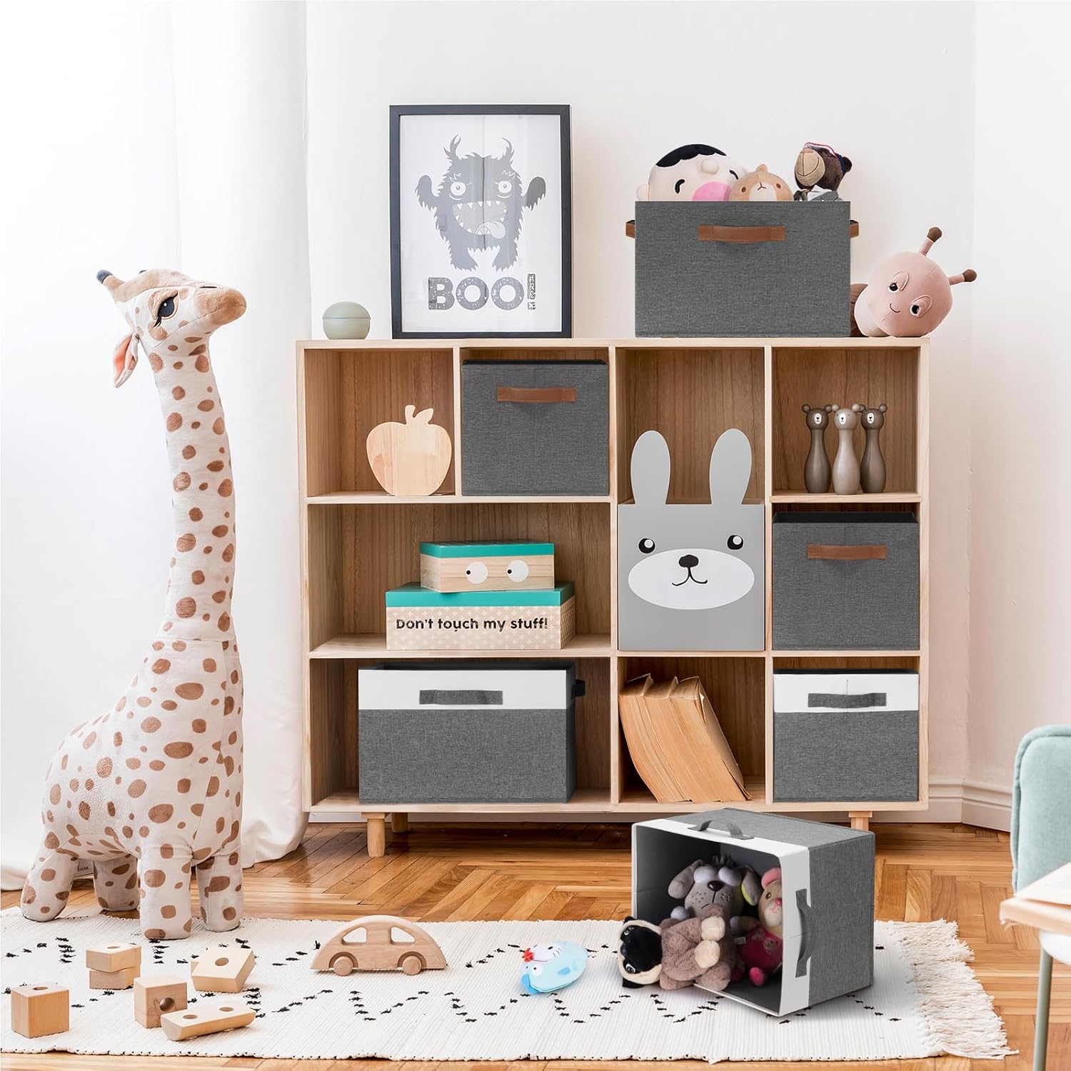 GhvyenntteS Large Fabric Storage Bins with 3 Handles, 15x11x9.6 Inch Storage Baskets for Shelves, Foldable Closet Storage Bins for Shelves, Closet Organizers and Storage Boxes, Gray