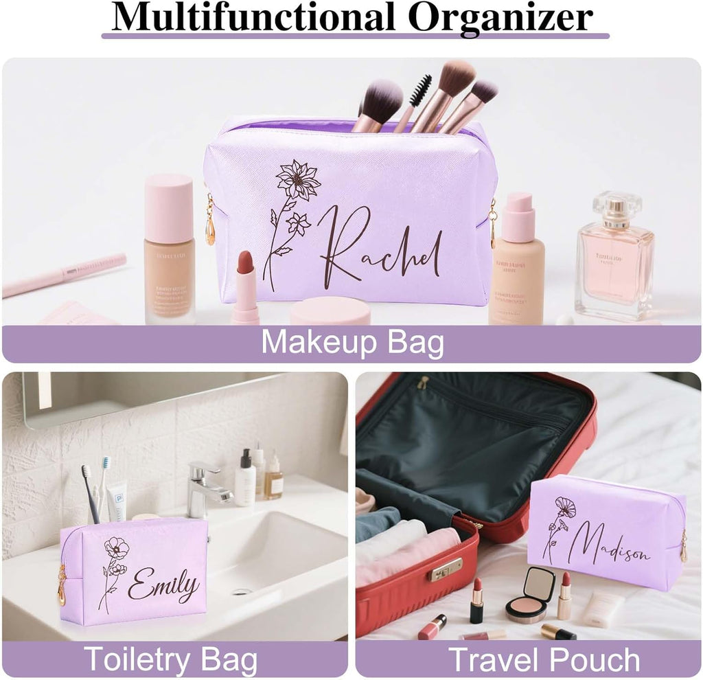 Personalized Makeup Bag with Name & Birth Flower, Custom Leather Cosmetic Bags for Women, Customized Travel Toiletry Bag Gifts for Bridesmaid Wedding