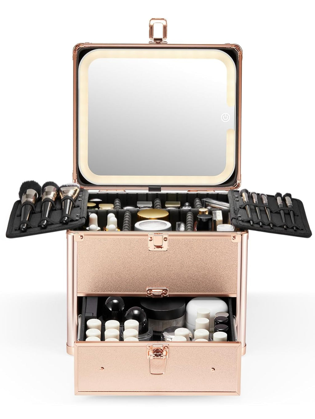 Qislee Makeup Box with Drawer and A Detachable Lighted Mirror, Waterproof Travel Train Case, Cosmetic Organizer and Makeup Suitcase with Adjustable Dividers, Magnetic LED Mirror (Rose Gold)