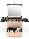 Qislee Makeup Box with Drawer and A Detachable Lighted Mirror, Waterproof Travel Train Case, Cosmetic Organizer and Makeup Suitcase with Adjustable Dividers, Magnetic LED Mirror (Rose Gold)