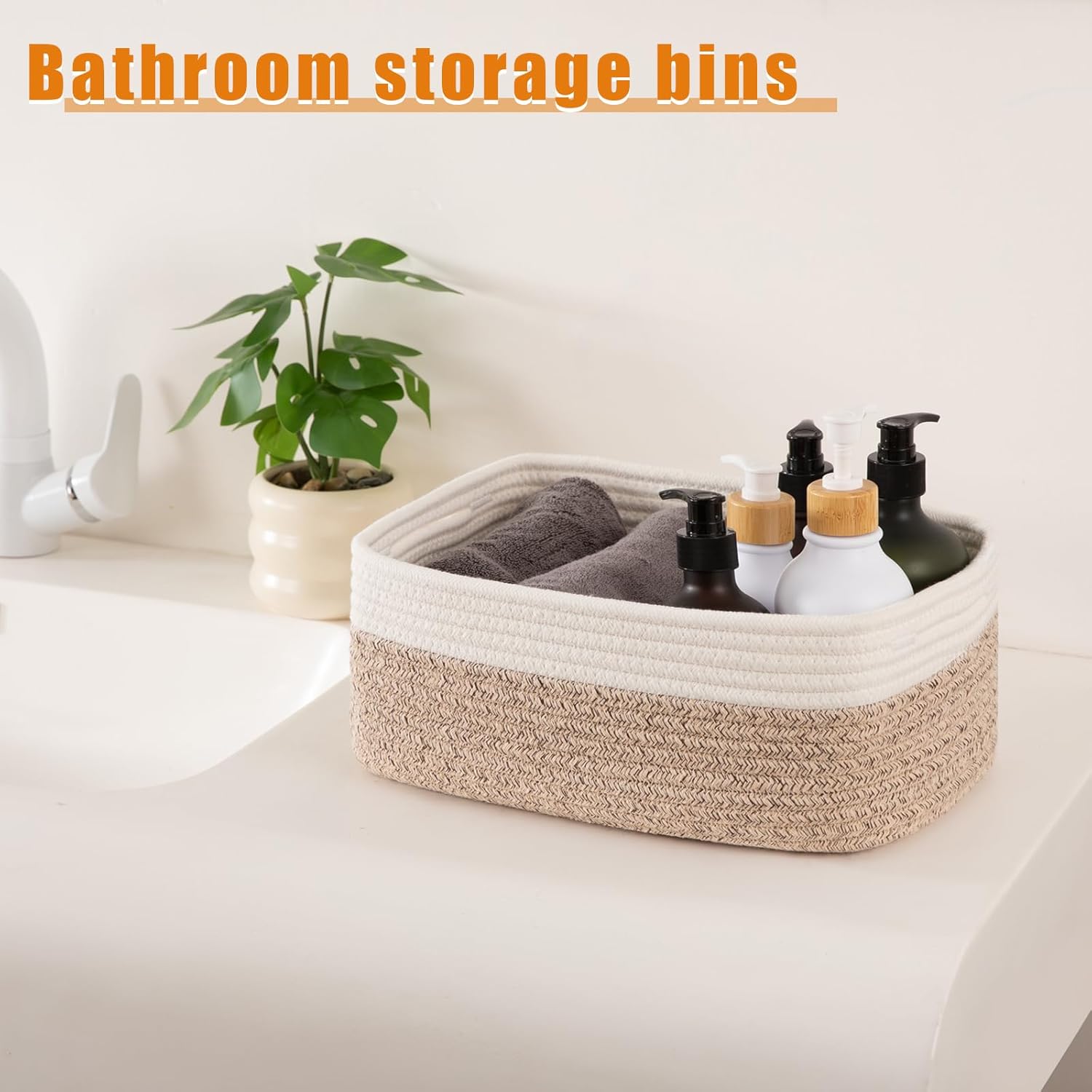 OIAHOMY 4 Pack Storage Baskets for Organizing, Small Bins for Shelves, Cute Decorative Storage Bins, Organizer Baskets for Gifts Empty, 13.8''Lx9.8''Wx5.5''H, Brown/White