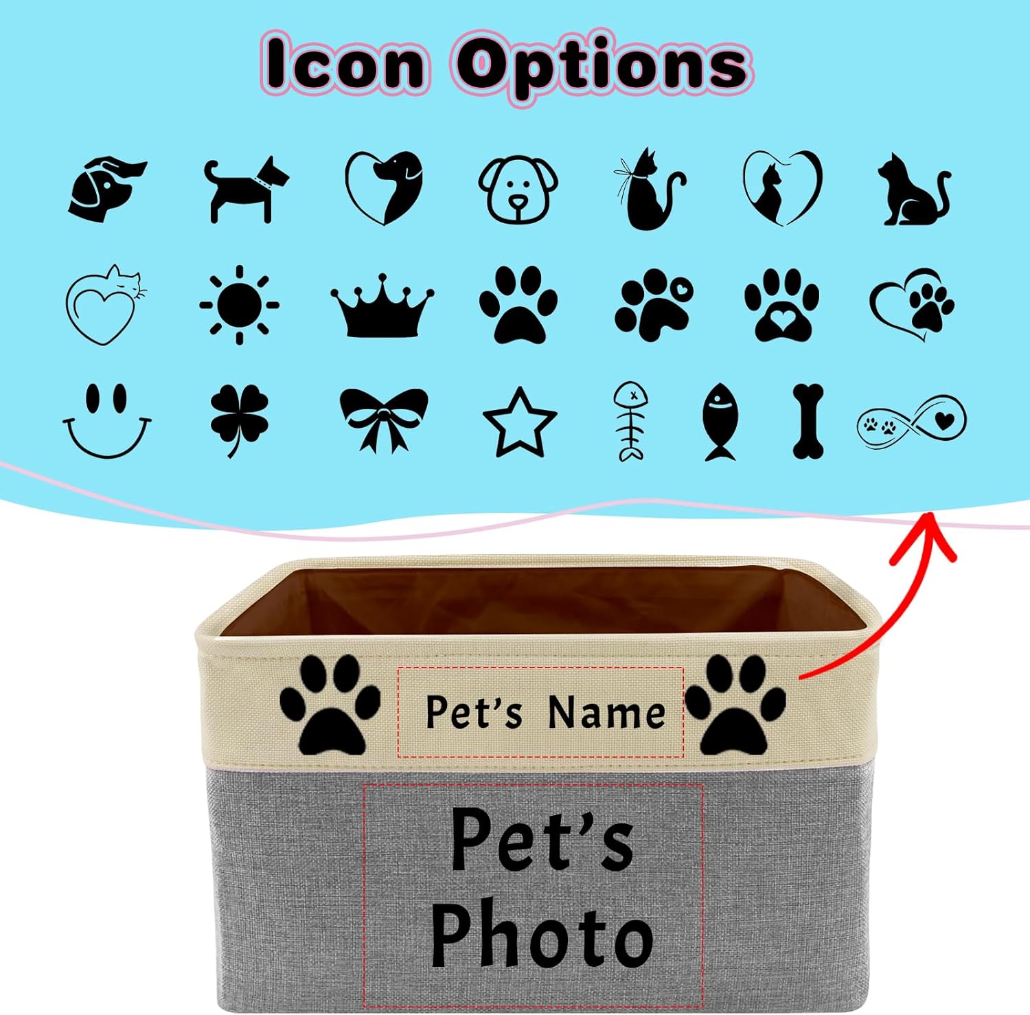 Personalized Dog Toy Storage Basket Bin with Name Photo Custom Pet Collapsible Organizer Box Container for Toys Coats Clothing Blankets