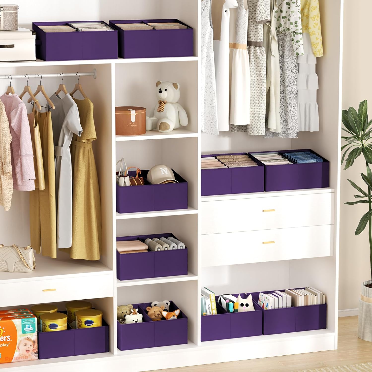 DIMJ Large Closet Shelf Organizer Bins 8 Packs with Handles and Divider, Fabric Trapezoid Storage Baskets, Foldable Clothes Containers Box for Shelf, Towel, Book, Toy, Purse, Hats, Purple