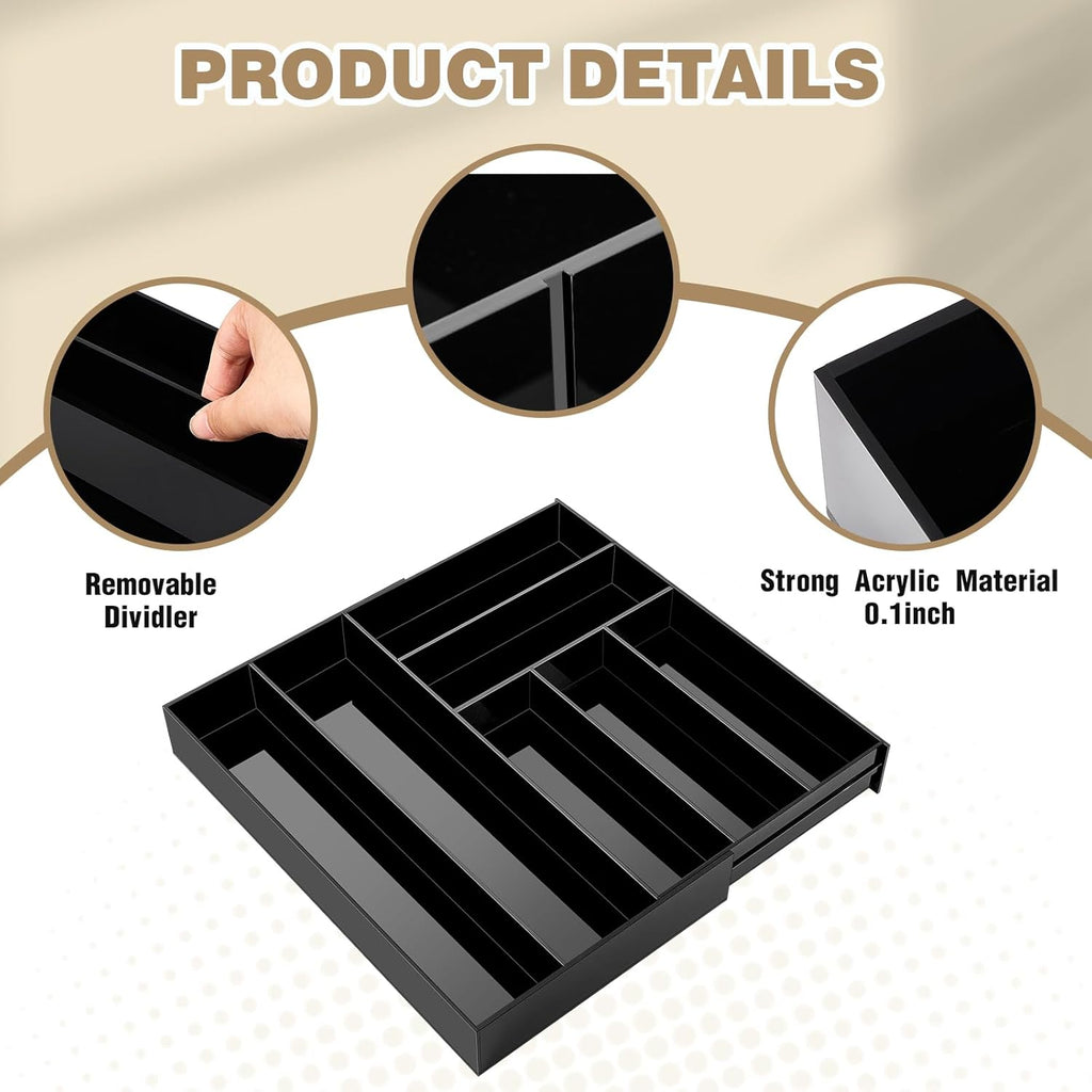 1 Pcs Acrylic Drawer Organizer 9'' up to 18'' x 15'' x 2'' Expandable Drawer Organizer Pens Notebook Ruler Makeup Tray with 7 Adjustable Compartments for Desk Office Kitchen Bathroom(Black)