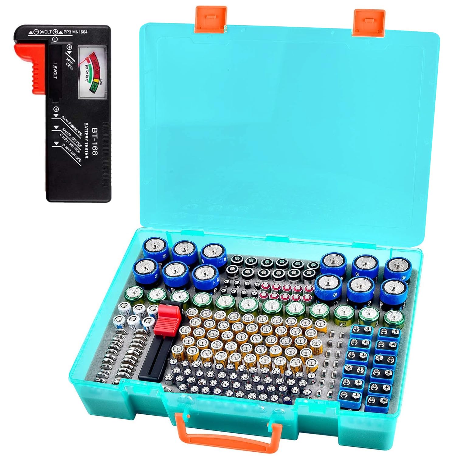 Battery Organizer Storage Holder- Batteries Case Containers Box with Tester Checker BT-168. Garage Organization Holds 225 Batteries AA AAA C D Cell 9V 3V Lithium LR44 CR2 CR1632 CR2032 (Green)