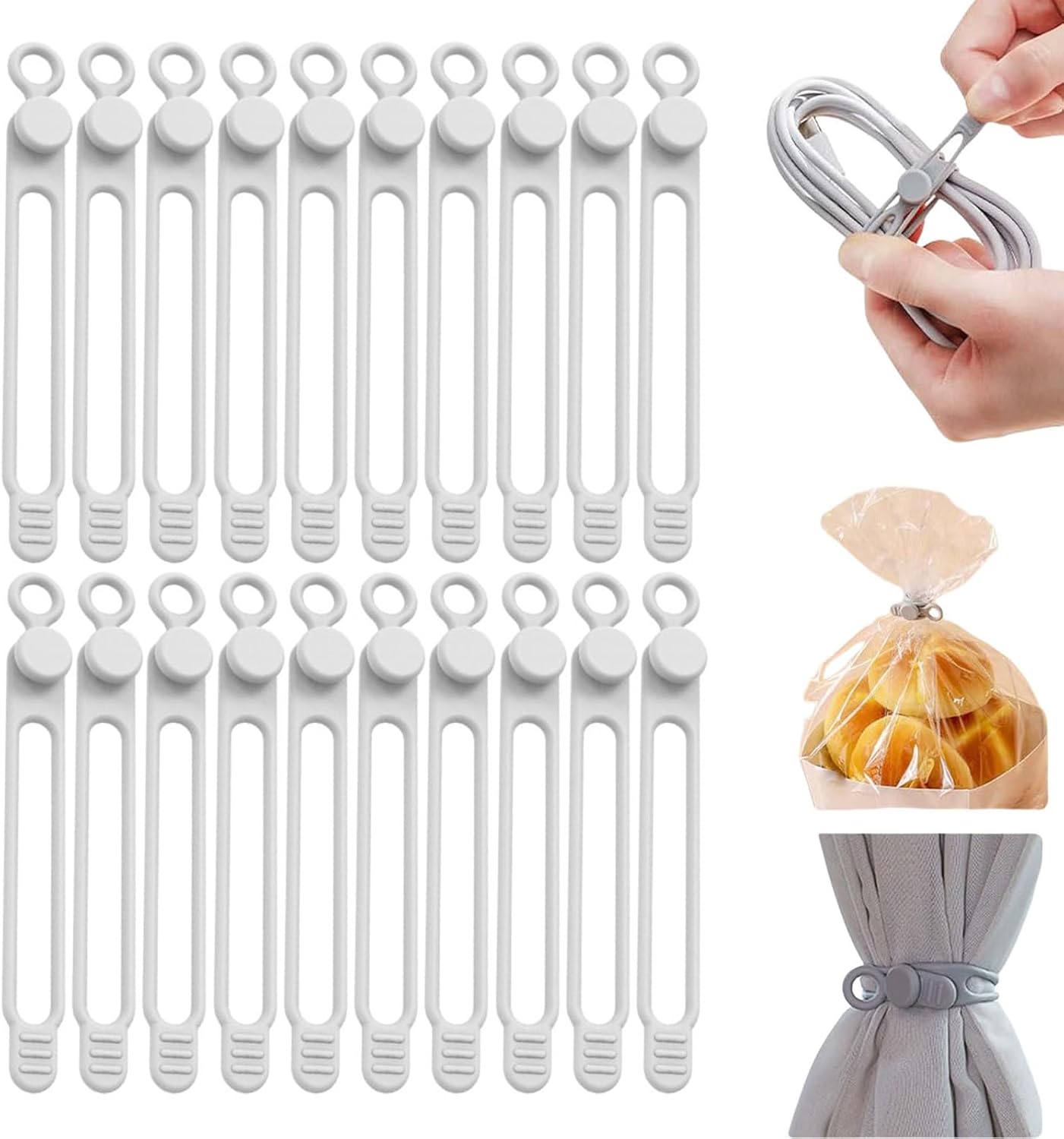 Data Cable Organizer, Silicone Cable Ties Reusable - Elastic Cord Organizer for Electronics, Adjustable Wire Ties for Cable Management,Computer Wires,Phone Charger,Earphone,Home Office (White, 30PCS)