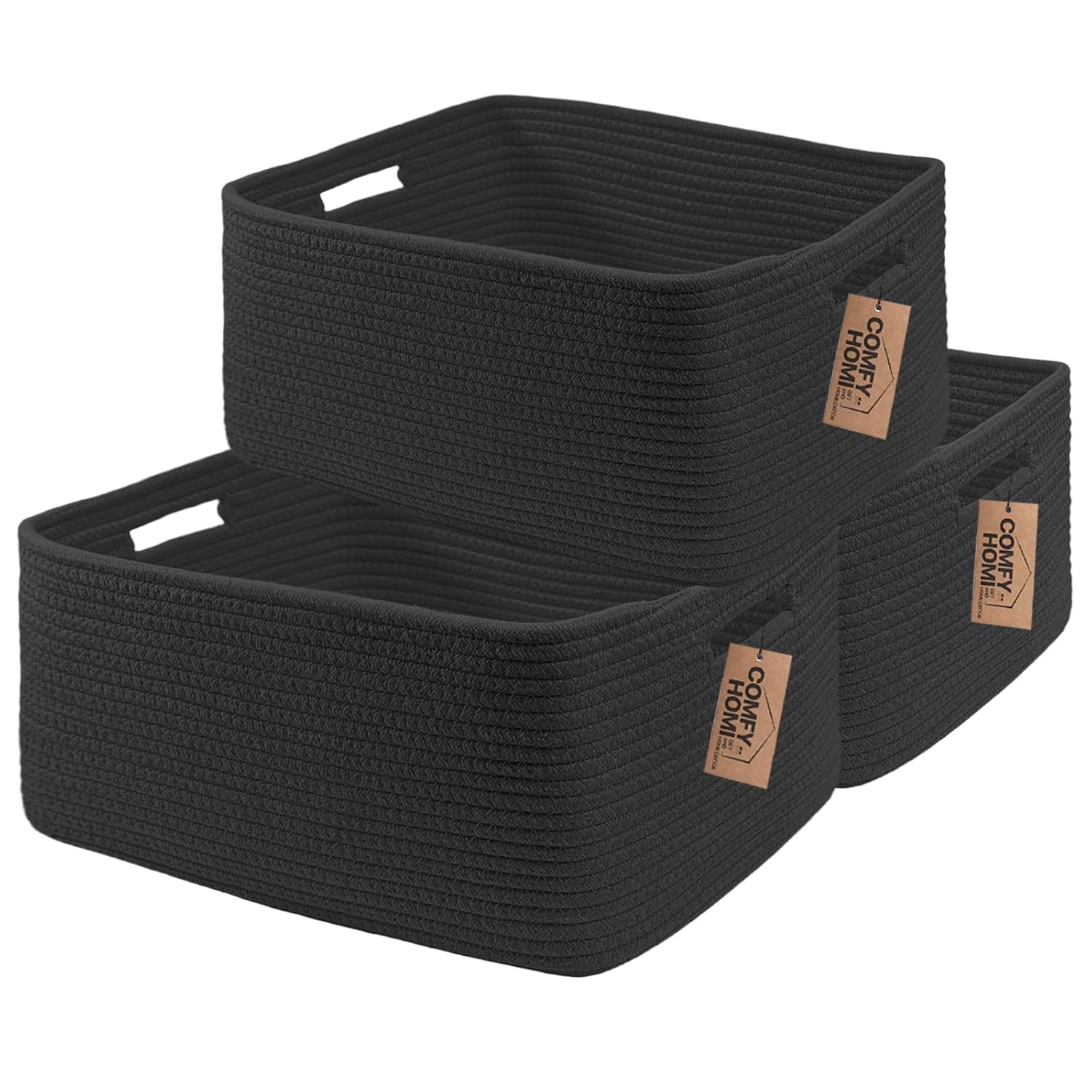 COMFY-HOMI 3 pcs Large Storage Baskets for Shelves, Laundry Basket, Woven Rope Basket, Closet Organizer Bins for Clothes Blanket Towels, Baby Nursery, Gift Toy Baskets, 17” x 13” x 7.5”-Black