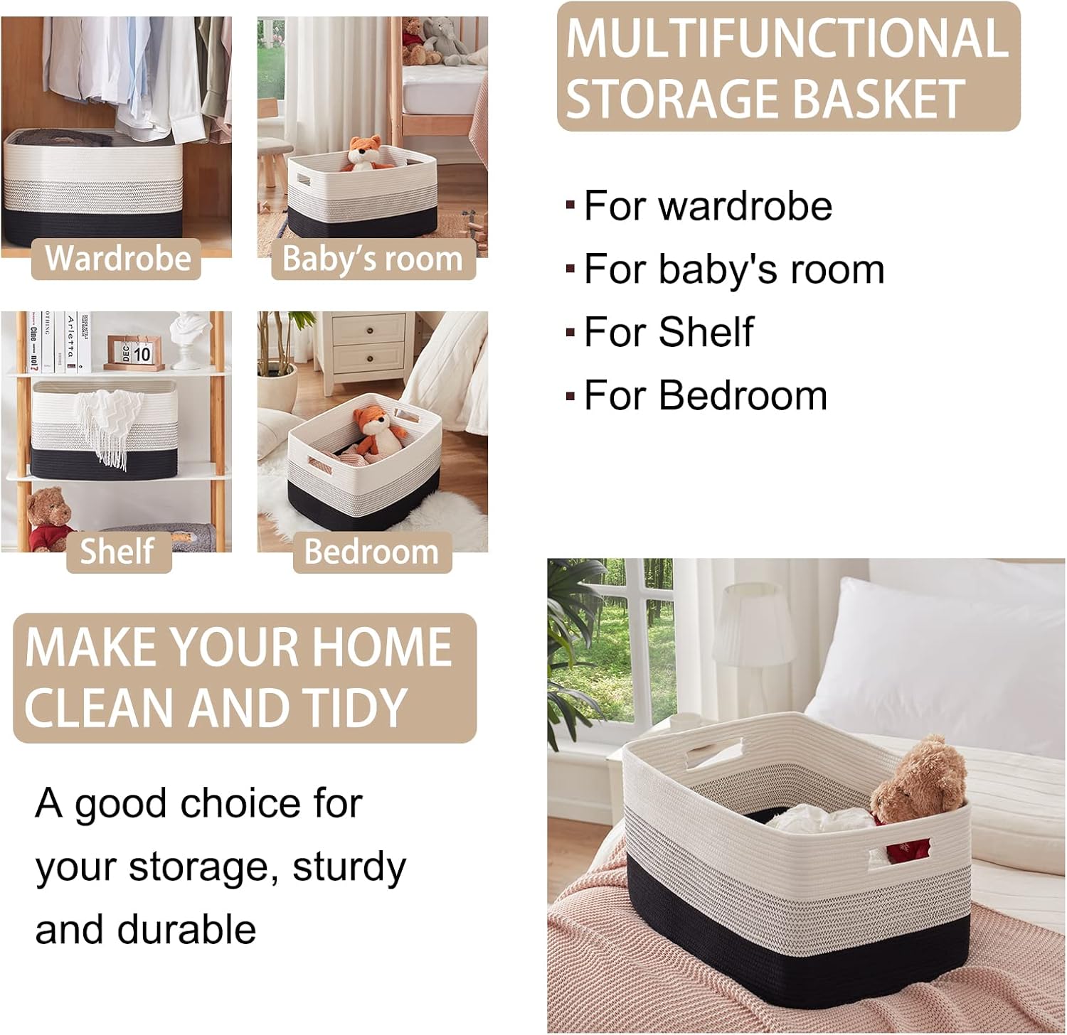 OIAHOMY Large Blanket Basket, 22”x17”x12” Rectangle Woven Baskets, Nursery Blanket Storage Living Room, Toy Storage With Handle, Large Baskets for Organizing-Gradient Black