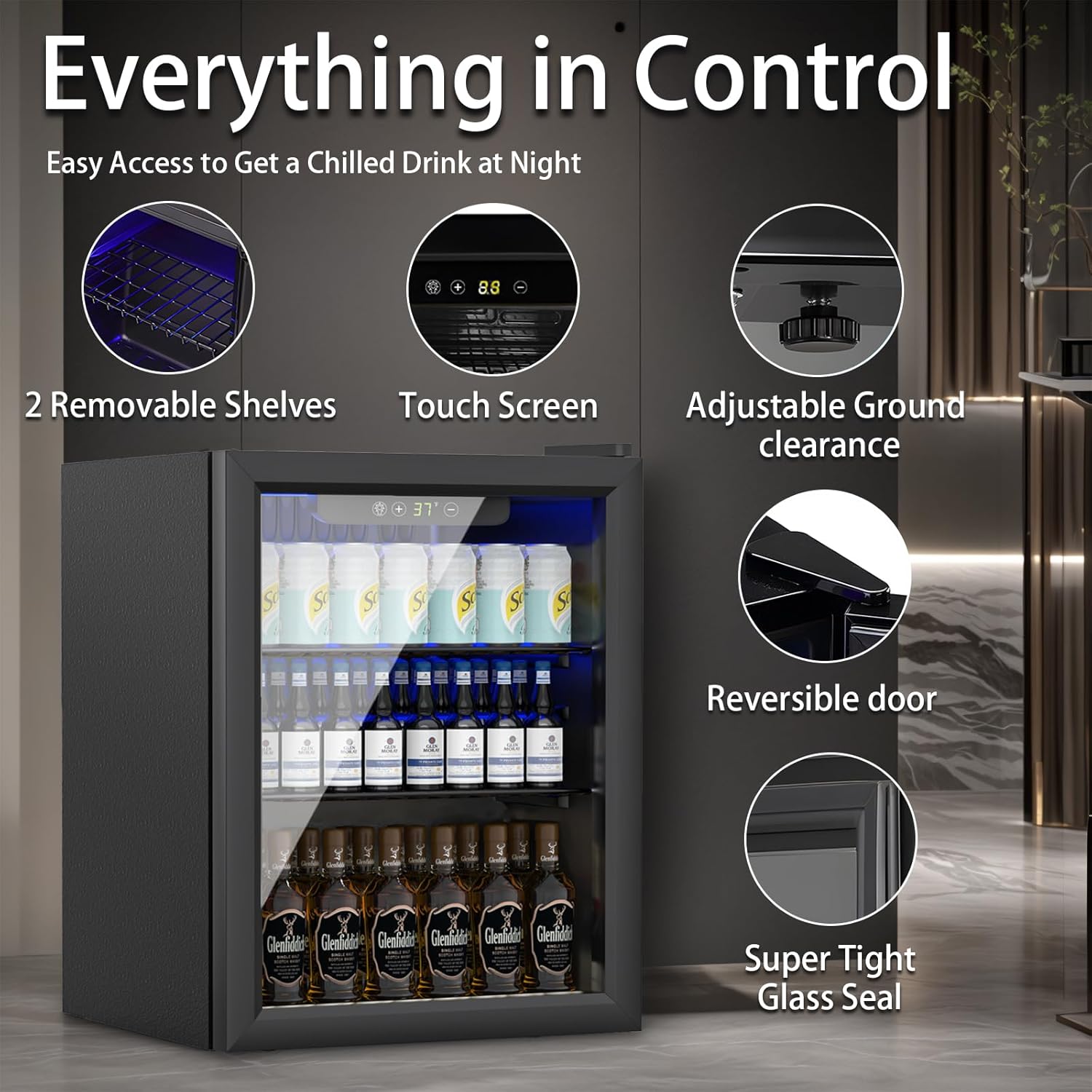 1.7 Cu.ft Beverage Refrigerator Cooler, 72 Cans Mini Fridge with Glass Door, and Temperature controllable switch for Soda, Beer or Wine For Office or Bar with Removable Shelves