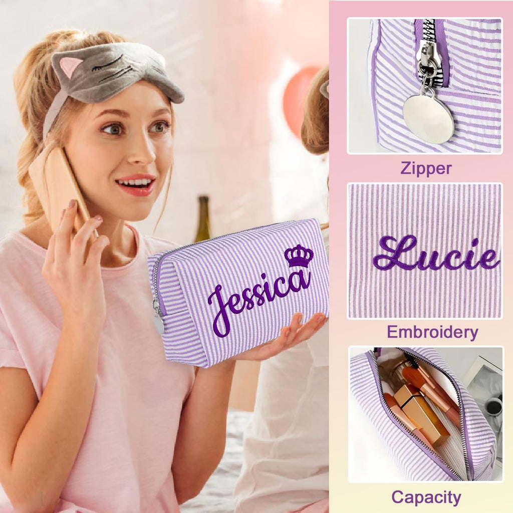 Personalized Seersucker Makeup Bag with Embroidered Name&Birth Flower,Custom Small Travel Cosmetic Bag Toiletry Bag Wedding Gifts for Bridesmaid Bride (4-Makeup Bag with Crown)