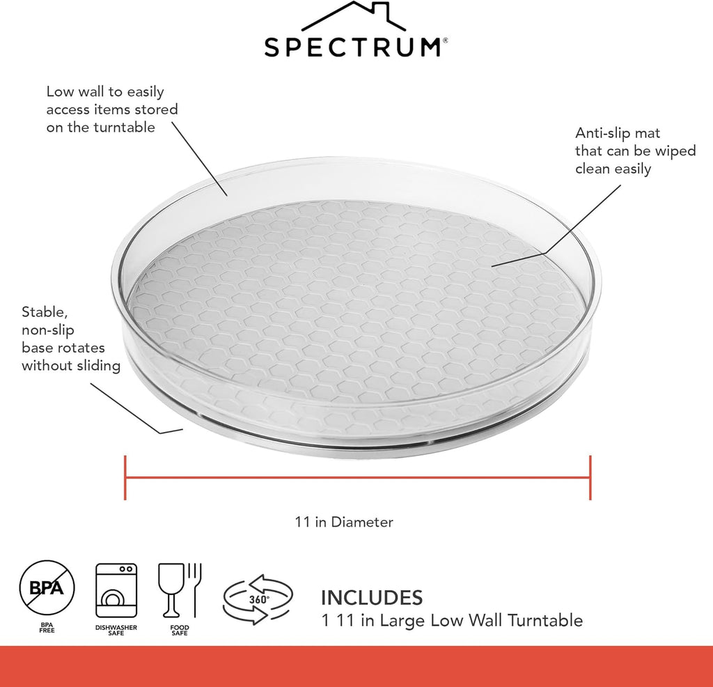 Spectrum Large Lazy Susan Organizer 11 in for Large Cabinet Fridge Pantry Table Shelf Bath Kitchen Organization, Oyster Gray Rotating Turntable Spinning Storage for Condiments Spice Bottles