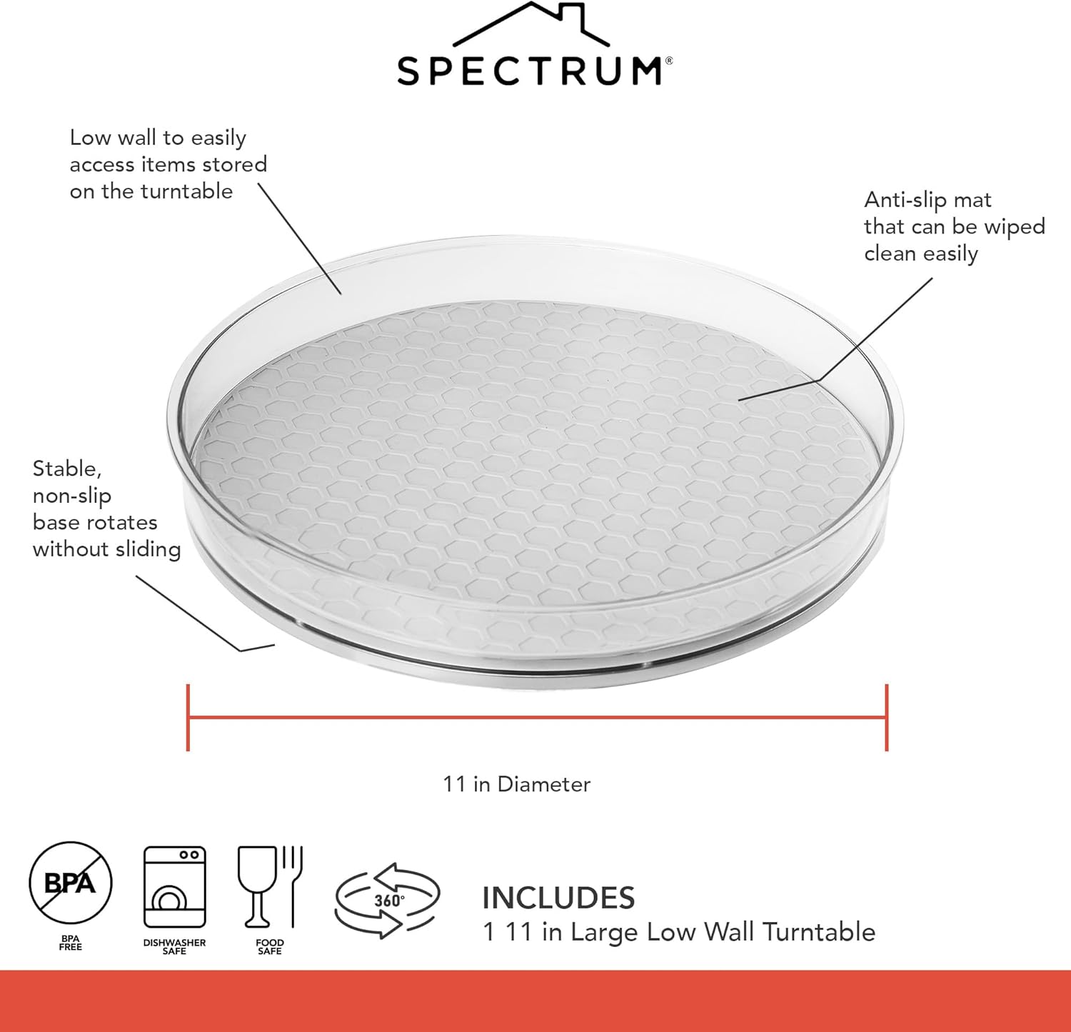 Spectrum Large Lazy Susan Organizer 11 in for Large Cabinet Fridge Pantry Table Shelf Bath Kitchen Organization, Oyster Gray Rotating Turntable Spinning Storage for Condiments Spice Bottles