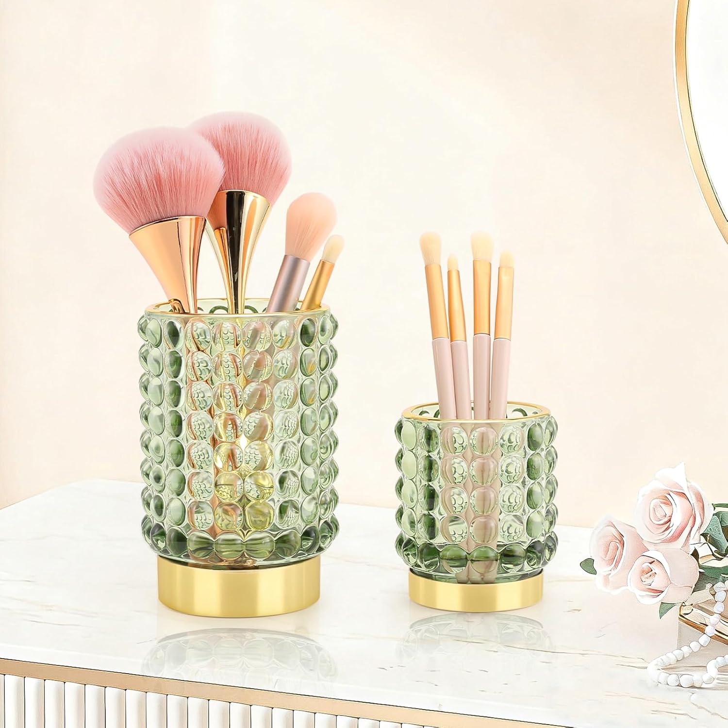 DASITON Makeup Brush Holder Organizer, Crystal Cosmetic Make Up Brush Holder, Glass Makeup Brushes Storage Organizer, Vintage Make Up Cup Desk Pen Pencil Holder, Toothbrush Holders (Green L)