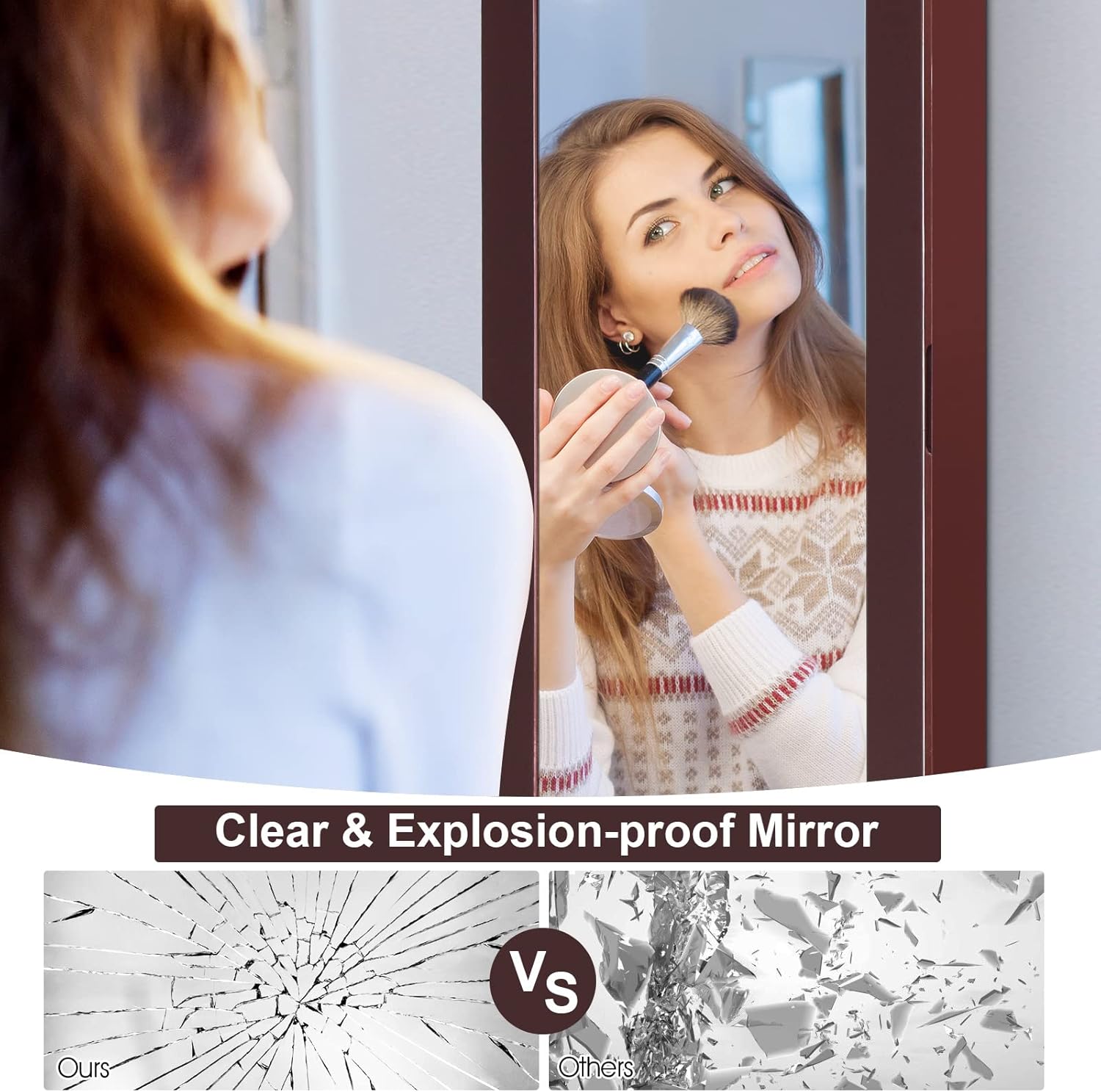 COSTWAY Full Length Mirror Jewelry Cabinet, Wall Door Mounted Jewelry Organizer with Makeup Mirror, Ring Slots and Necklace Hooks, Large Storage Jewelry Armoire for Bedroom, Dressing Room (Brown)