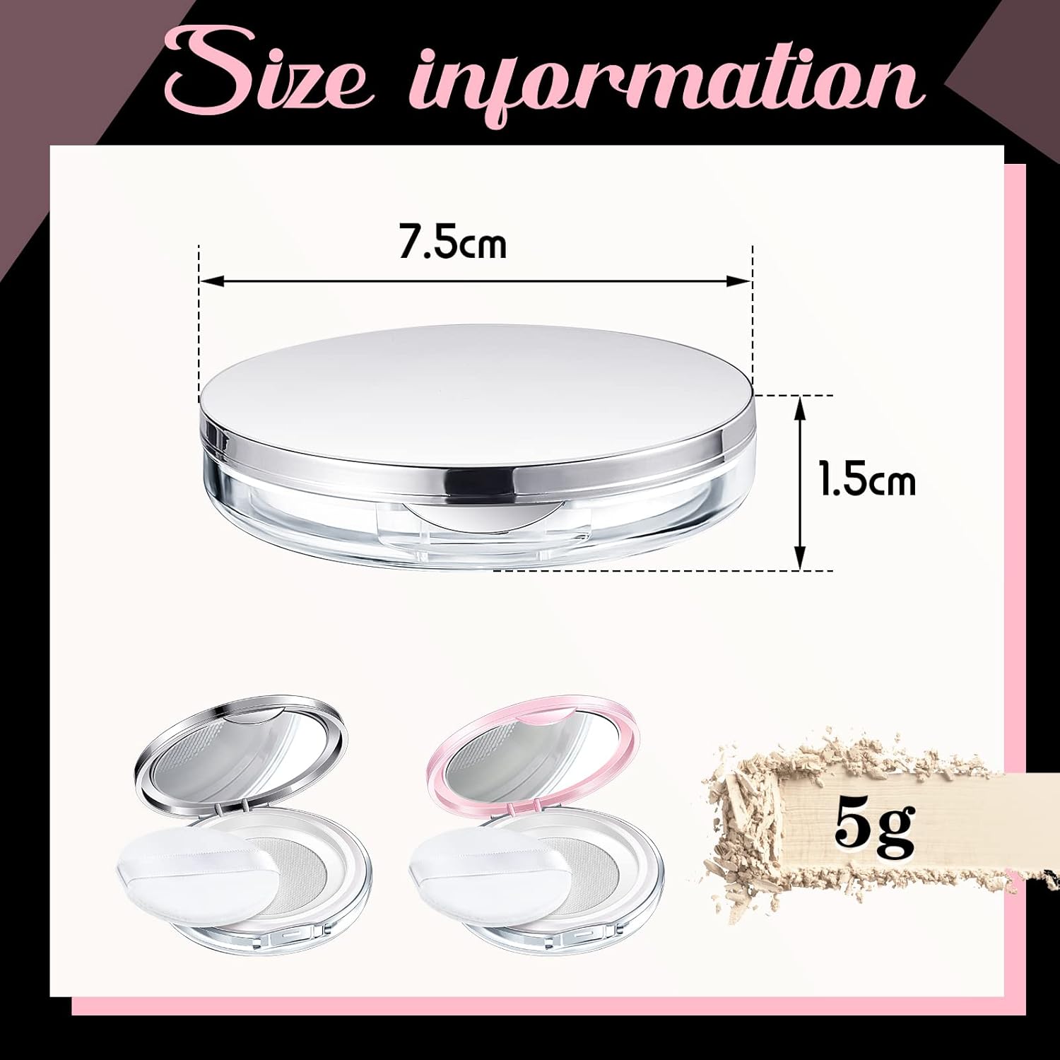 Cunhill 2 Pcs Loose Powder Container with Puff 0.17/0.7 oz Reusable Plastic Portable DIY Makeup Empty Powder Case with Mirror and Net Sifter(Pink, Silver)