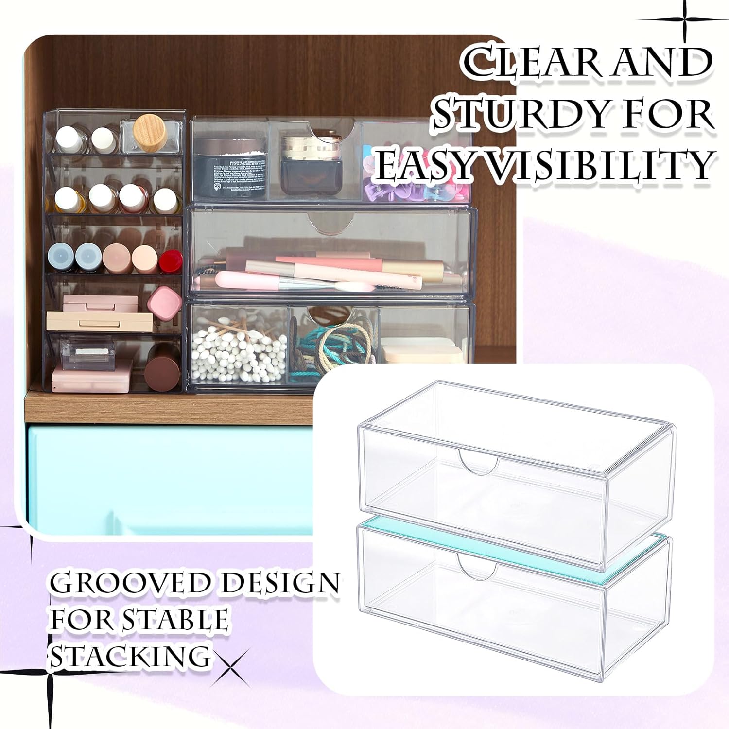 Kathfly 6 Pcs Medicine Cabinet Organizer Acrylic Stackable Clear Makeup Organizer with 2 Drawer 1 Storage Box 2 U Movable Partition and 1 Vertical Layered Storage Rack for Bathroom Cabinet Wall Vanity