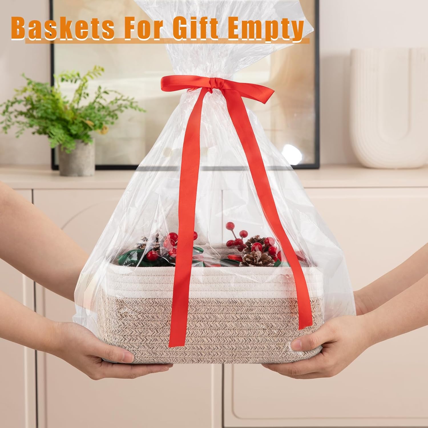 OIAHOMY 4 Pack Storage Baskets for Organizing, Small Bins for Shelves, Cute Decorative Storage Bins, Organizer Baskets for Gifts Empty, 11.8''Lx7.8''Wx4.7''H, Brown/White