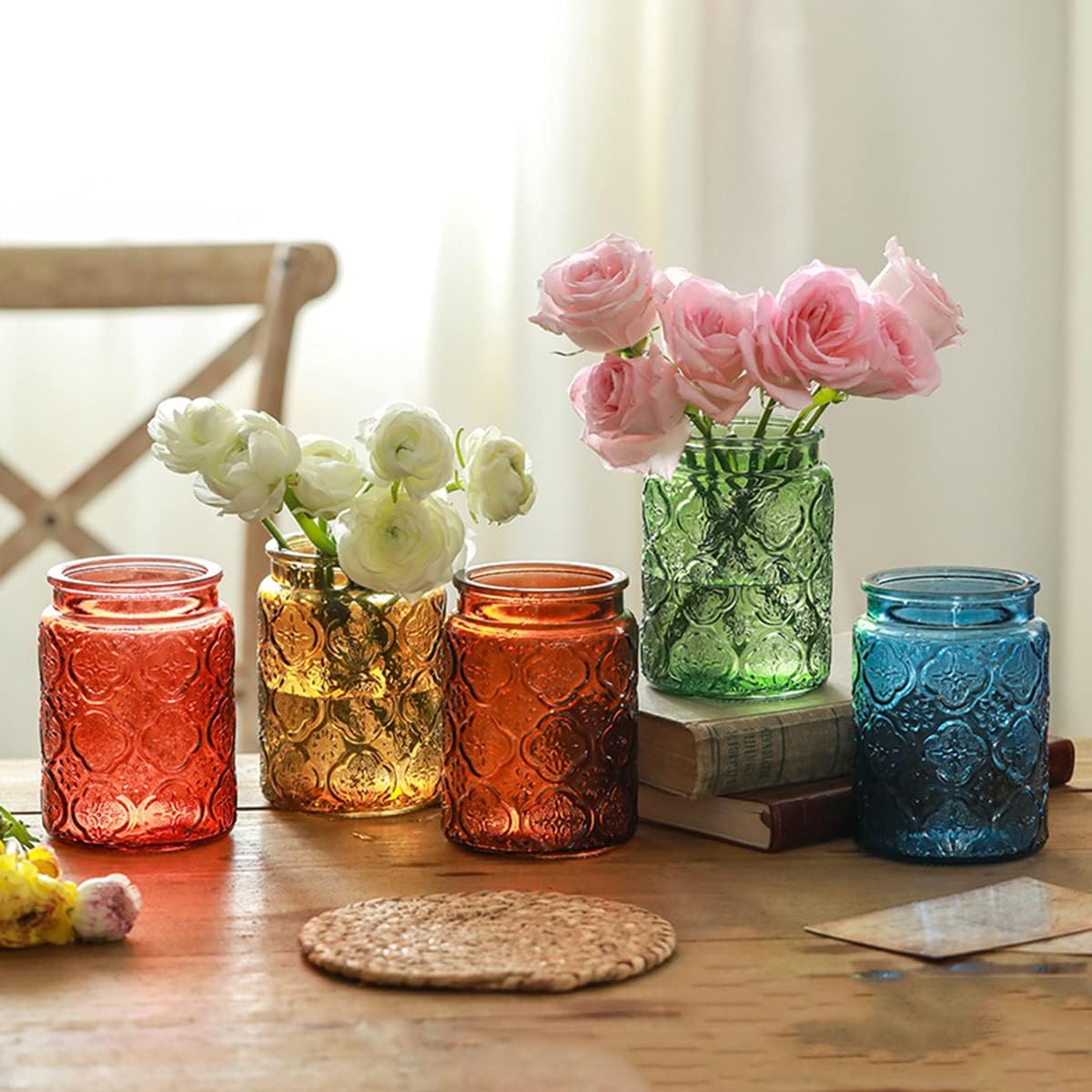 Vintage Glass Storage Jar with Solid Wood Lid - Sunflower Kitchen Canister for Coffee, Candy, Laundry Detergent - Cute Food Storage Jar for Pantry, Countertop (4 color-Begonia Flower, 23.7 Ounces)