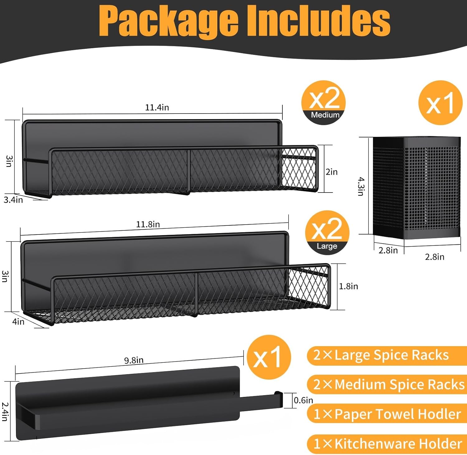 Magnetic Spice Rack for Refrigerator, 6 Pack 100% Metal Strong Magnet Shelf Black, Space Saving Spice Organizer, Home Kitchen Laundry Room Storage Organization W/ Paper Towel Holder, Utensils Racks