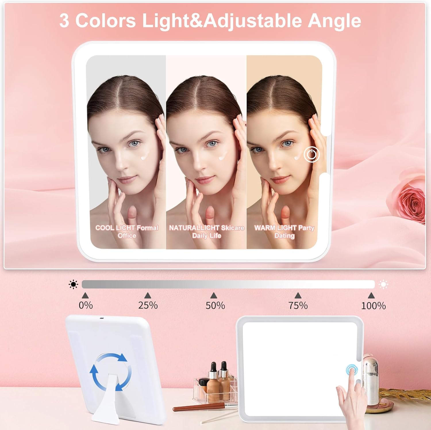 Makeup Box with Led Mirror,Travel Train Hard Case with Rechargeable Lighted Mirror Adjustable Dividers,Cosmetic Organizer Storage Bag for Makeup Artists,Appropriate Gift for Women and Girls,Pink