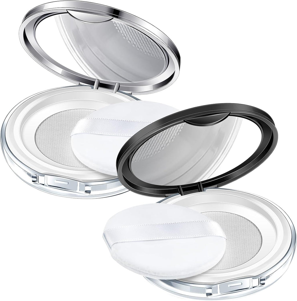 Cunhill 2 Pcs Loose Powder Container with Puff 0.17/0.7 oz Reusable Plastic Portable DIY Makeup Empty Powder Case with Mirror and Net Sifter(Silver, Black)