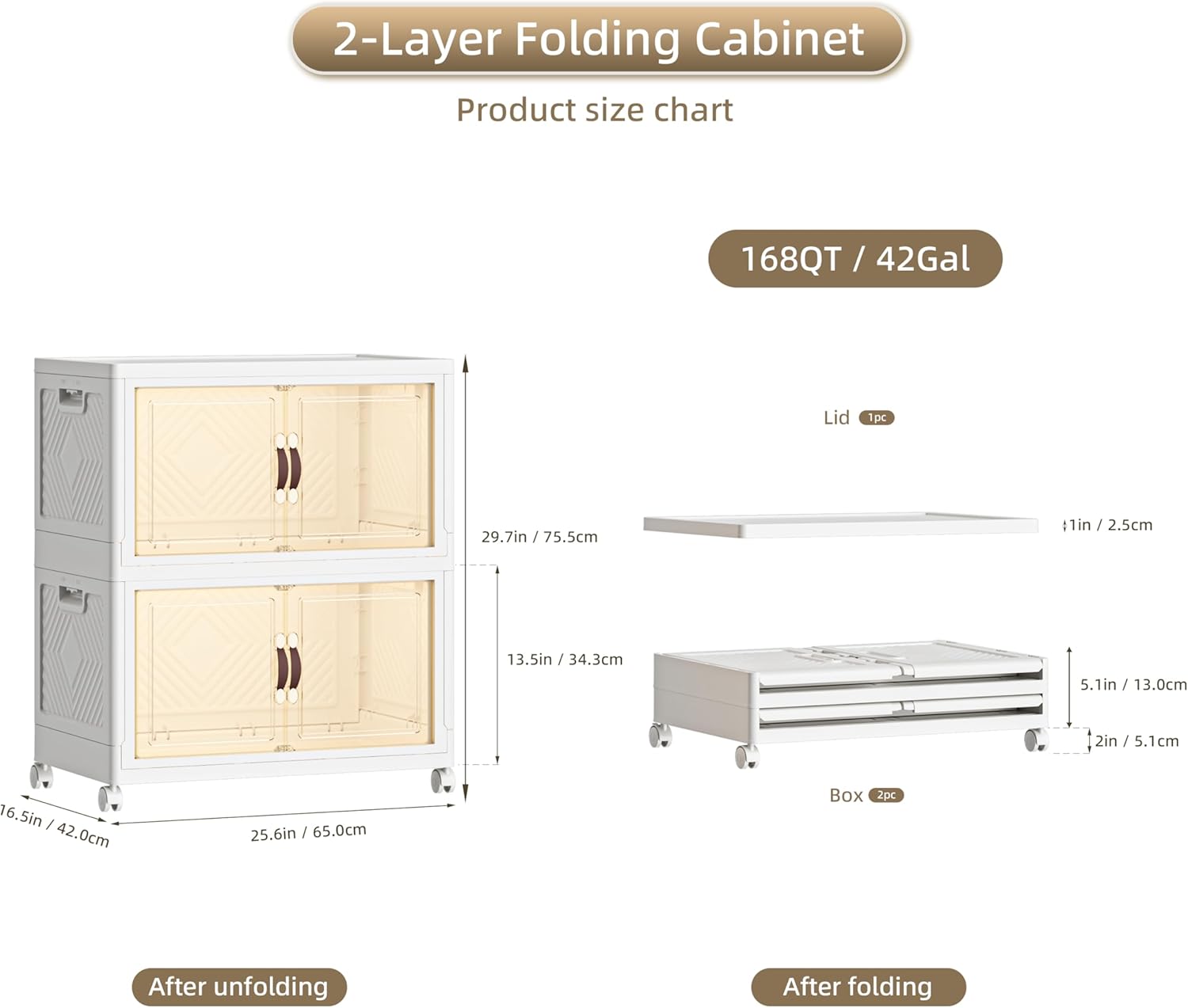 168 QT / 42 Gal Heavy Duty Double Door Storage Cabinet - Magnetic Closure, Foldable Stackable Design with Wheels & Leather Handles, Plastic Organizer for Garage/Bedroom