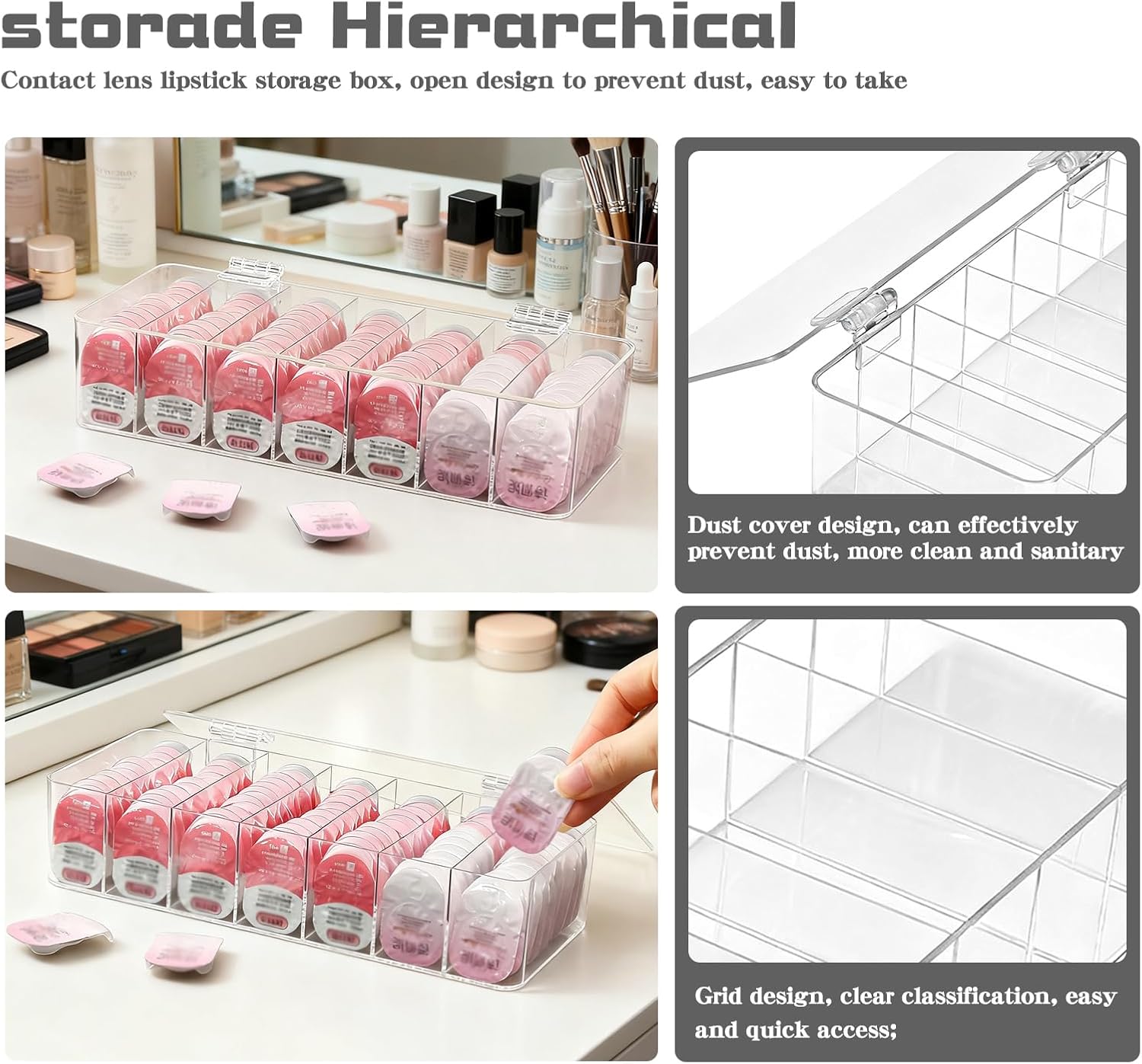 Clear Acrylic Makeup Organizers, 7-Section Bathroom Organizer for Drawer, Cosmetic Display Cases with Lid, Blushes Highlighters Eyeshadow Powder Makeup Organizer Holder Storage