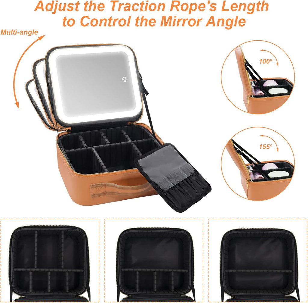Makeup Case, Lighted Mirror, Travel, Waterproof, Brown