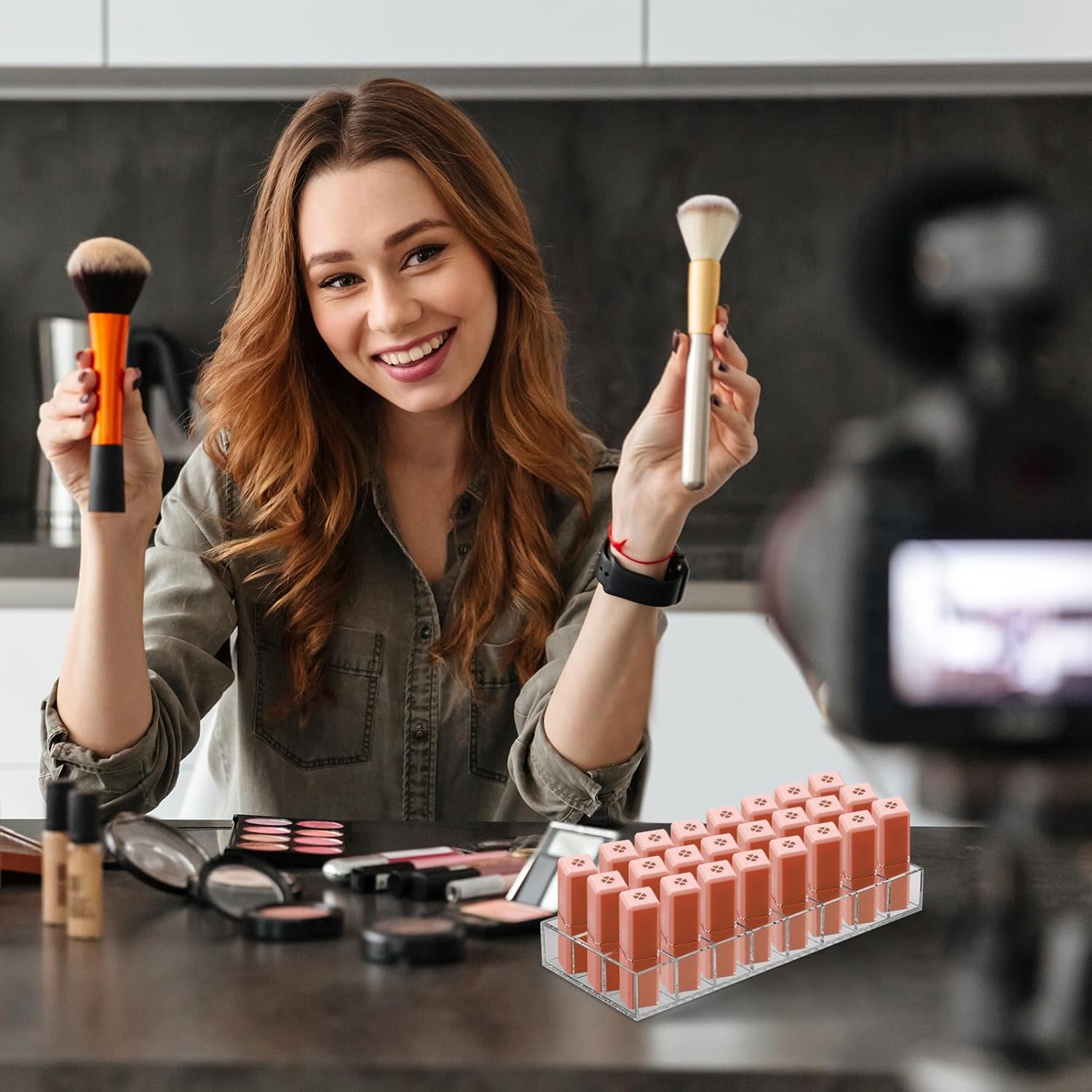 Kigley 3 Pcs Clear Lipstick Organizer Acrylic Lip Gloss Holder Cosmetic Storage Lipstick Display Case for Women Perfume Sample Drawer Brushes Bottles Birthday Gift(24 Grid)