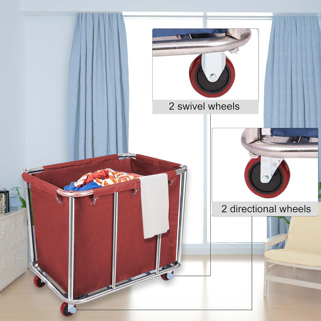10 Bushels Laundry Cart Commercial/Home,Heavy Duty Large Stainless Steel Rolling Laundry Basket with Wheels，for Laundry Organizer and Storage,260LBS Load (Red)
