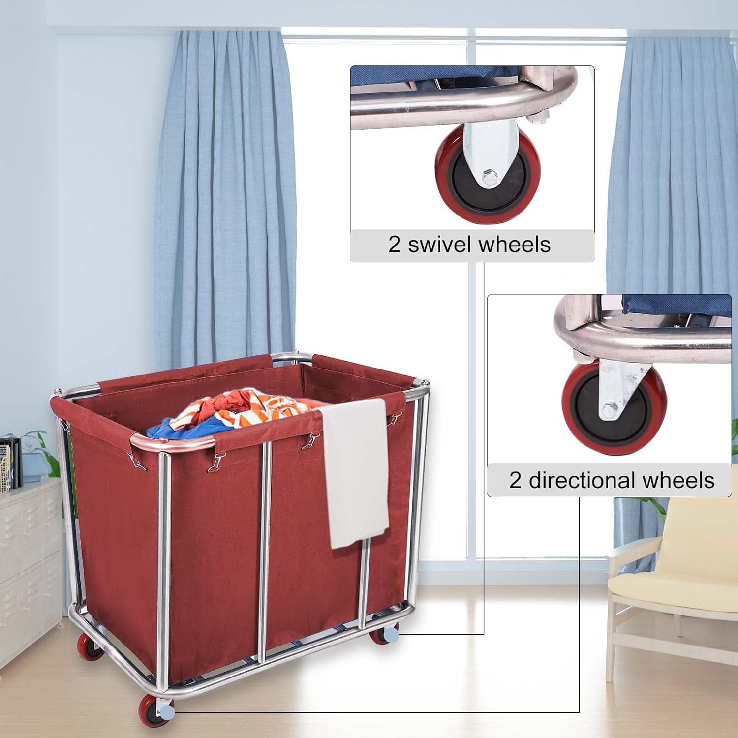 10 Bushels Laundry Cart Commercial/Home,Heavy Duty Large Stainless Steel Rolling Laundry Basket with Wheels，for Laundry Organizer and Storage,260LBS Load (Red)
